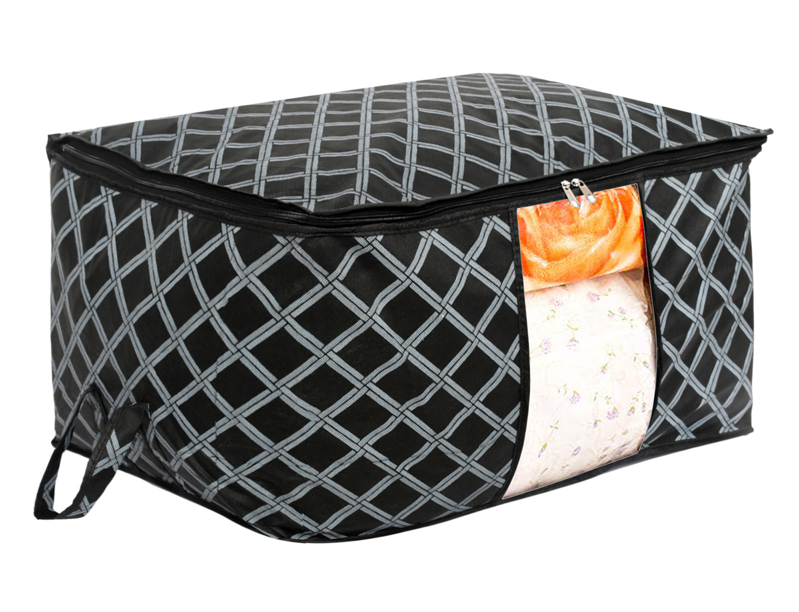 Kuber Industries Non-Woven Check Print Jumbo Underbed Storage Bag|Clothes Organizer For Clothes, Quilts, Blankets With Handle (Black)
