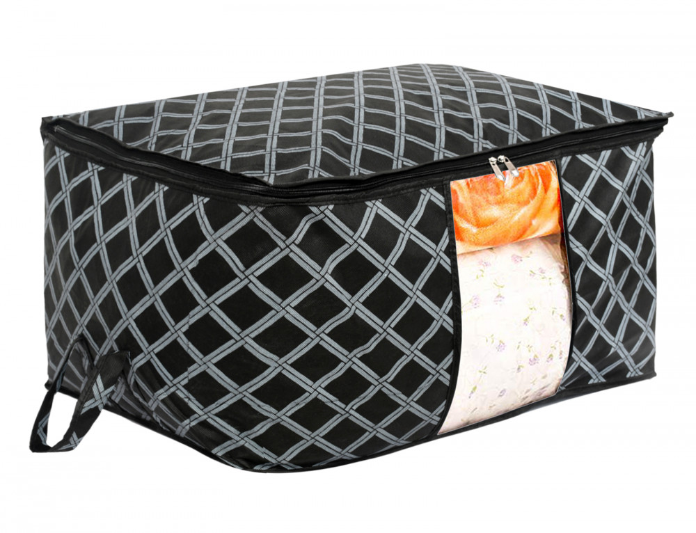 Kuber Industries Non-Woven Check Print Jumbo Underbed Storage Bag|Clothes Organizer For Clothes, Quilts, Blankets With Handle (Black)