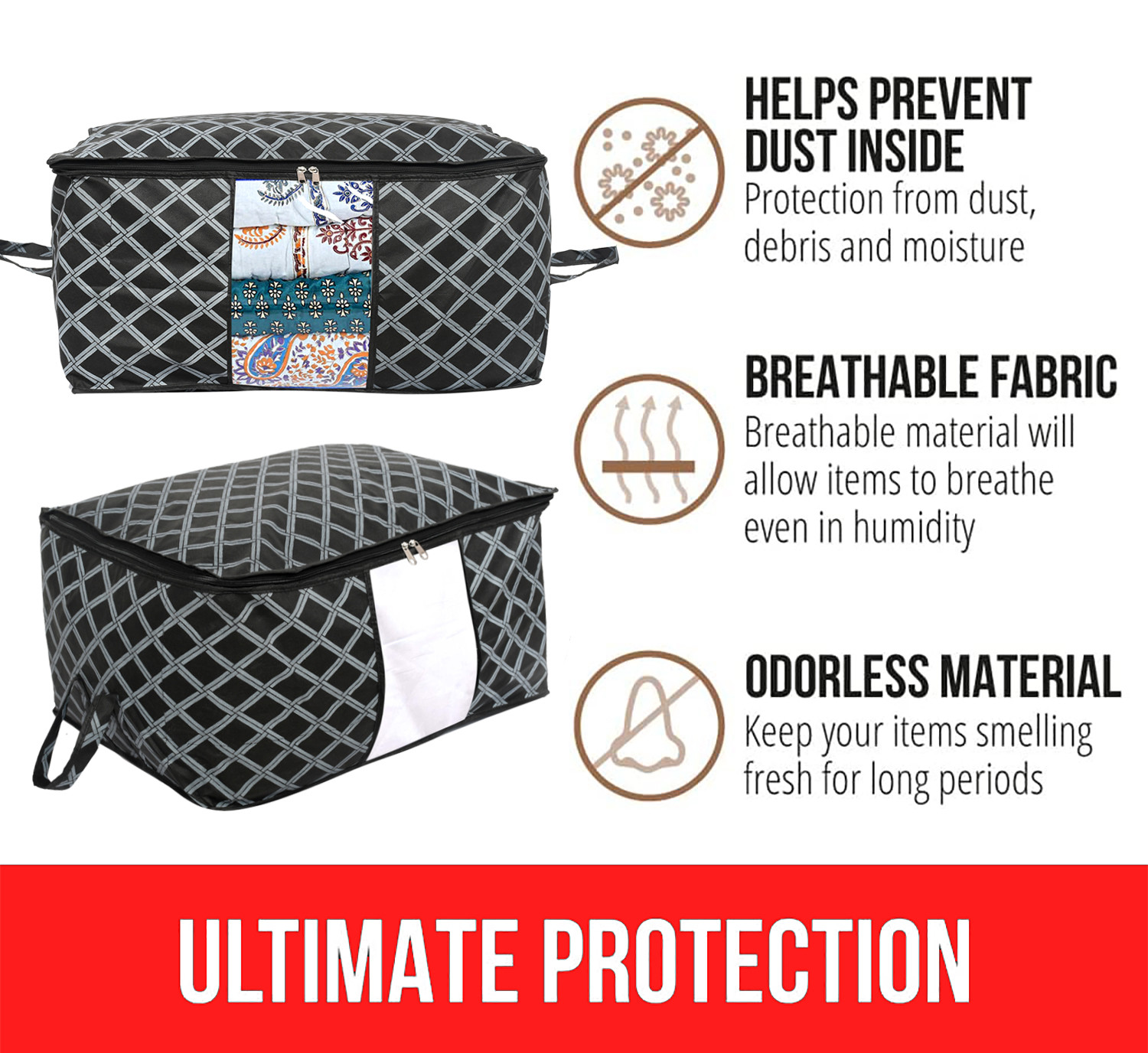 Kuber Industries Non-Woven Check Print Jumbo Underbed Storage Bag|Clothes Organizer For Clothes, Quilts, Blankets With Handle (Black)
