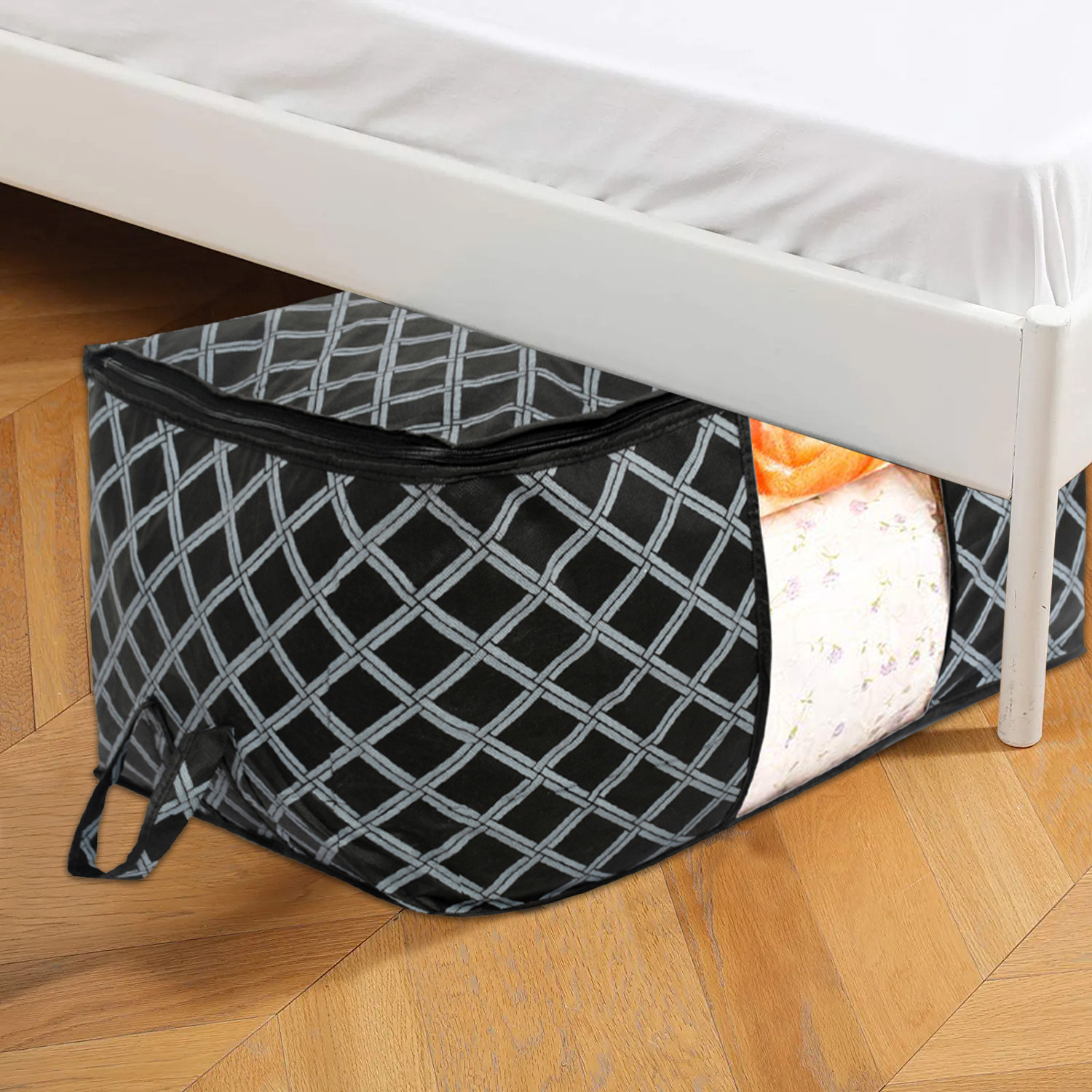 Kuber Industries Non-Woven Check Print Jumbo Underbed Storage Bag|Clothes Organizer For Clothes, Quilts, Blankets With Handle (Black)