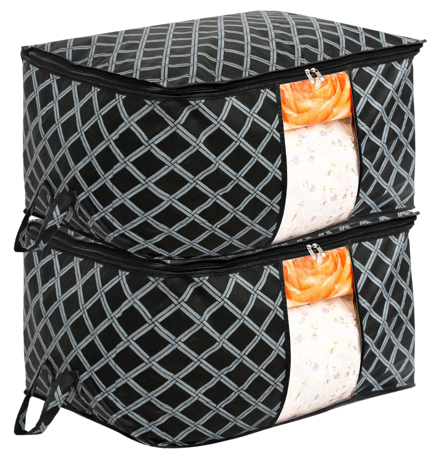 Kuber Industries Non-Woven Check Print Jumbo Underbed Storage Bag|Clothes Organizer For Clothes, Quilts, Blankets With Handle (Black)