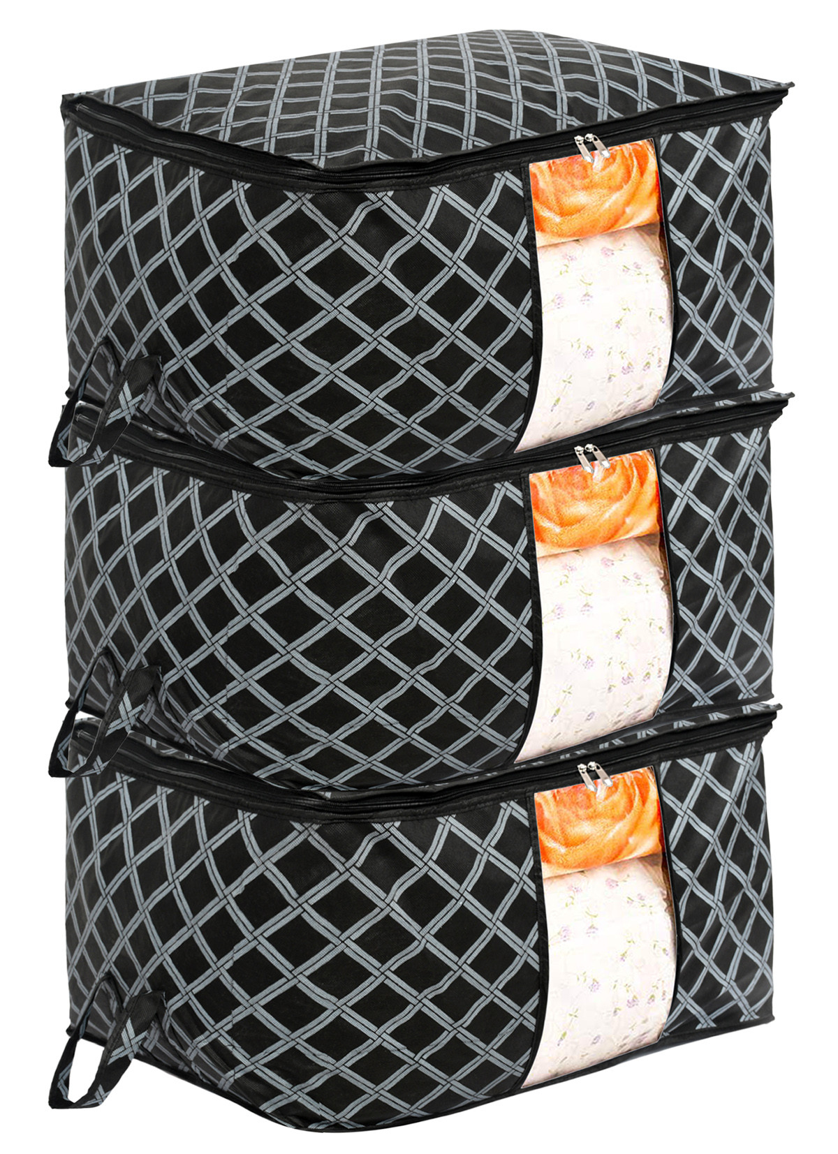 Kuber Industries Non-Woven Check Print Jumbo Underbed Storage Bag|Clothes Organizer For Clothes, Quilts, Blankets With Handle (Black)