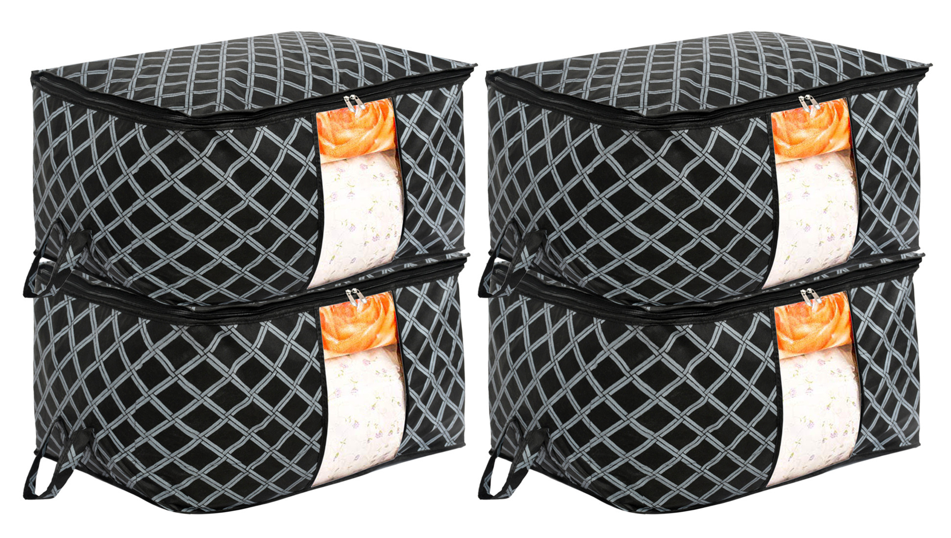 Kuber Industries Non-Woven Check Print Jumbo Underbed Storage Bag|Clothes Organizer For Clothes, Quilts, Blankets With Handle (Black)