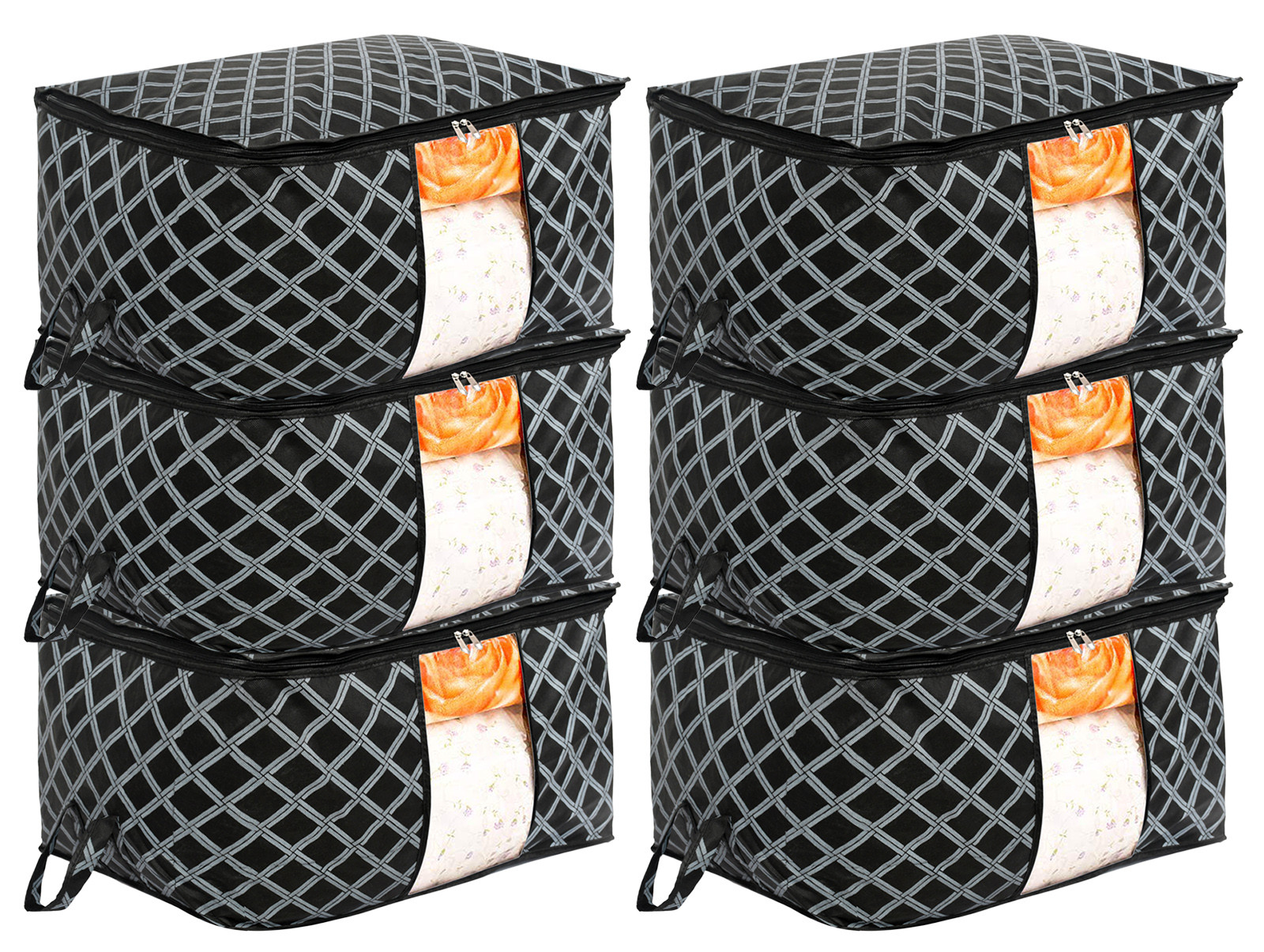 Kuber Industries Non-Woven Check Print Jumbo Underbed Storage Bag|Clothes Organizer For Clothes, Quilts, Blankets With Handle (Black)