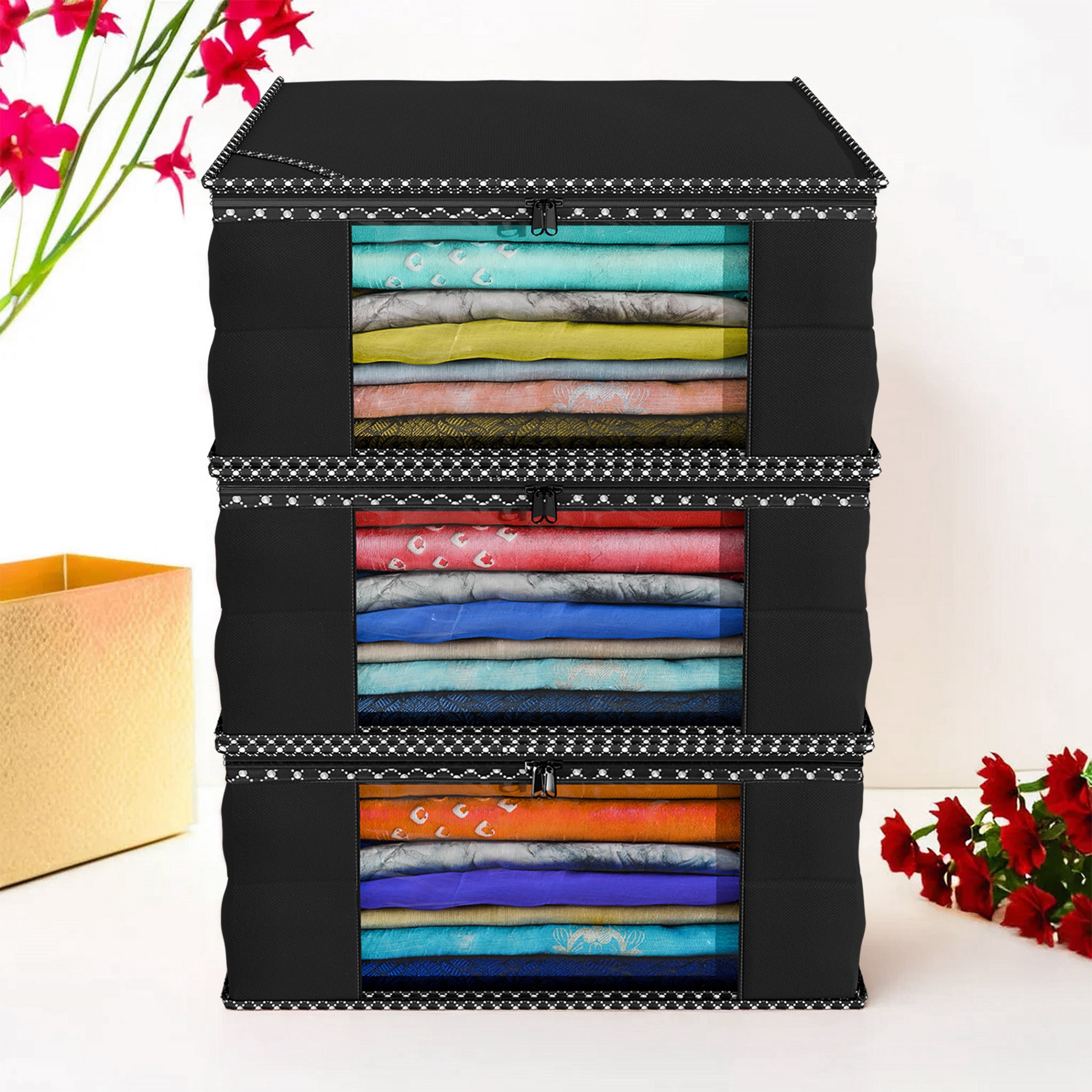 Kuber Industries Non Woven Fabric Saree Cover|Clothes Organiser for Wardrobe|Transparent Window|Extra Large, Pack of 3 (Black)-KUBMART2782