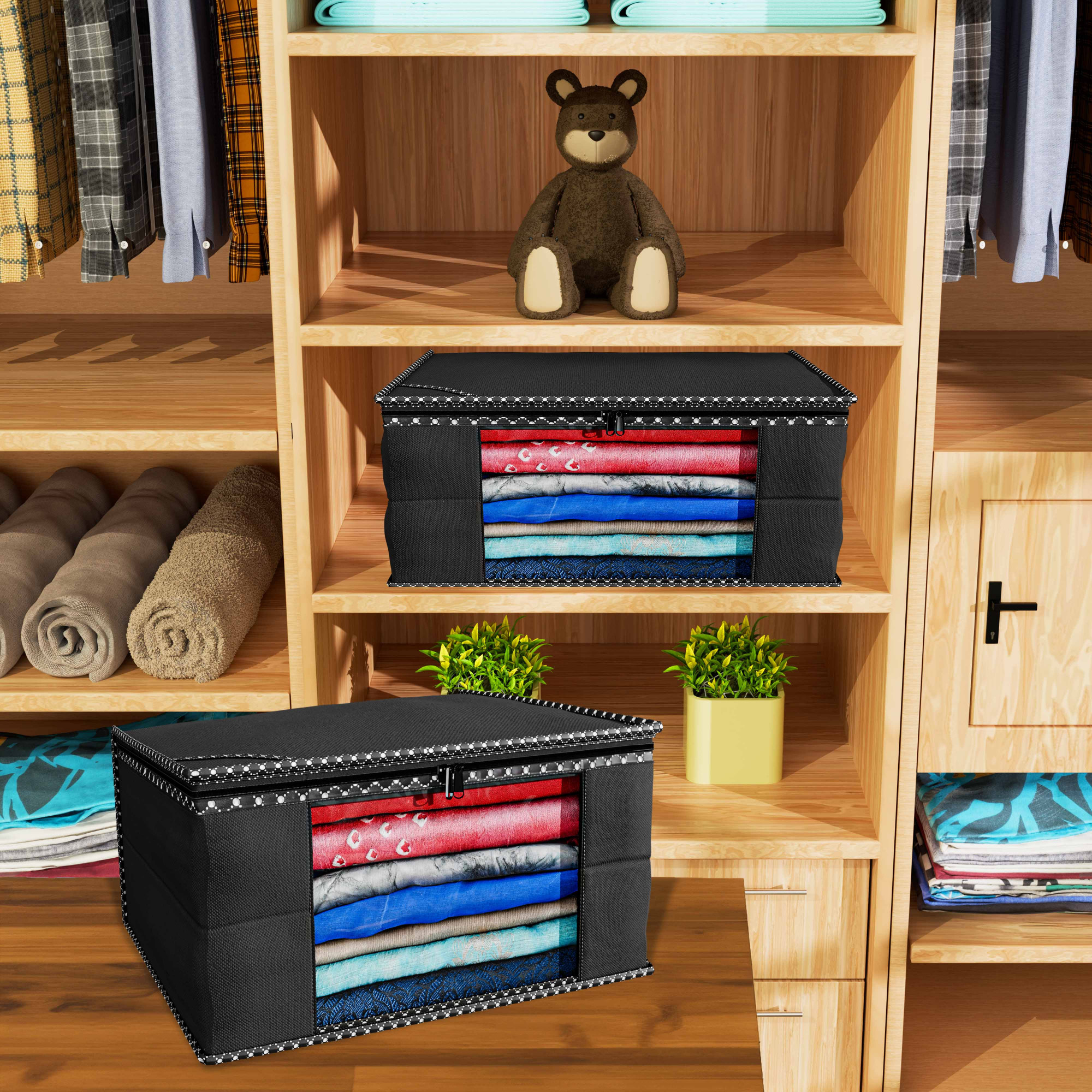 Kuber Industries Non Woven Fabric Saree Cover|Clothes Organiser for Wardrobe|Transparent Window|Extra Large, Pack of 3 (Black)-KUBMART2782