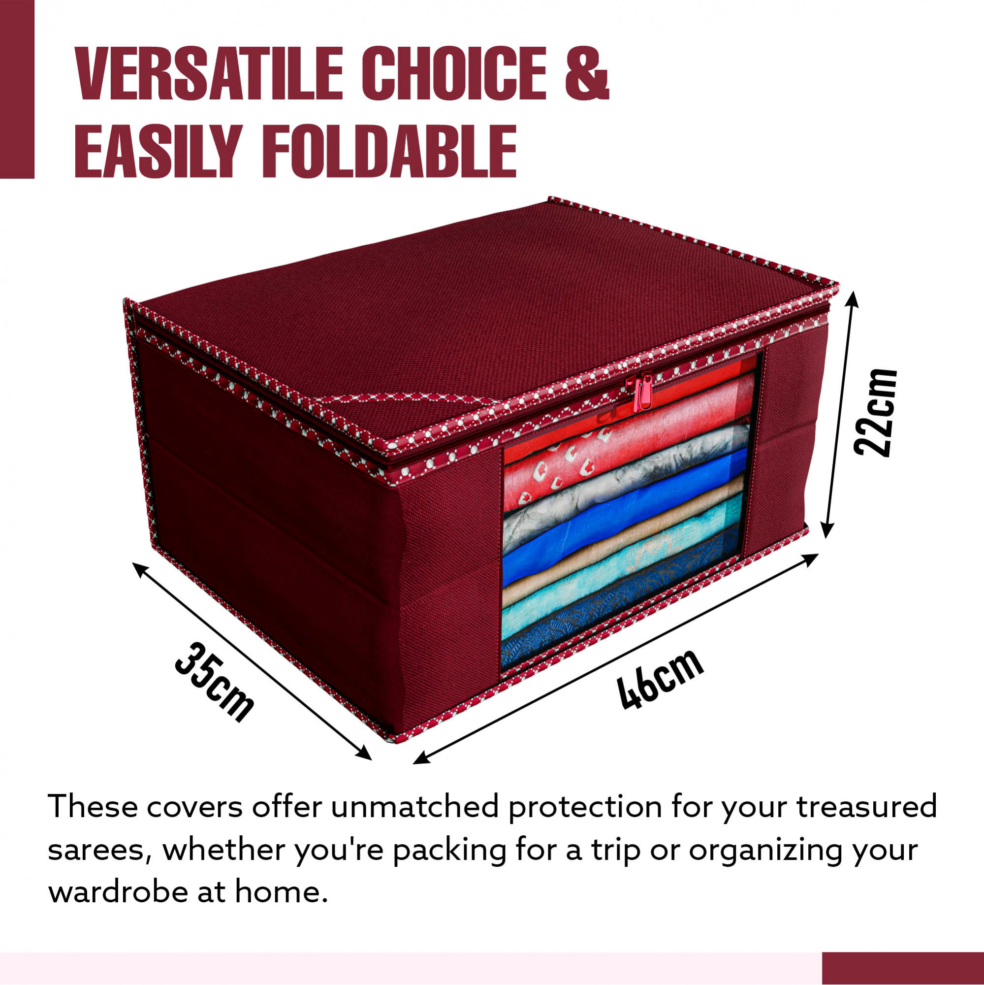 Kuber Industries Non Woven Fabric Saree Cover/Clothes Organizer|Solid Color & Transparent Window|Zipper Closure With Foldable Material|Size 43 x 35 x 22, Pack of 6 (Maroon)