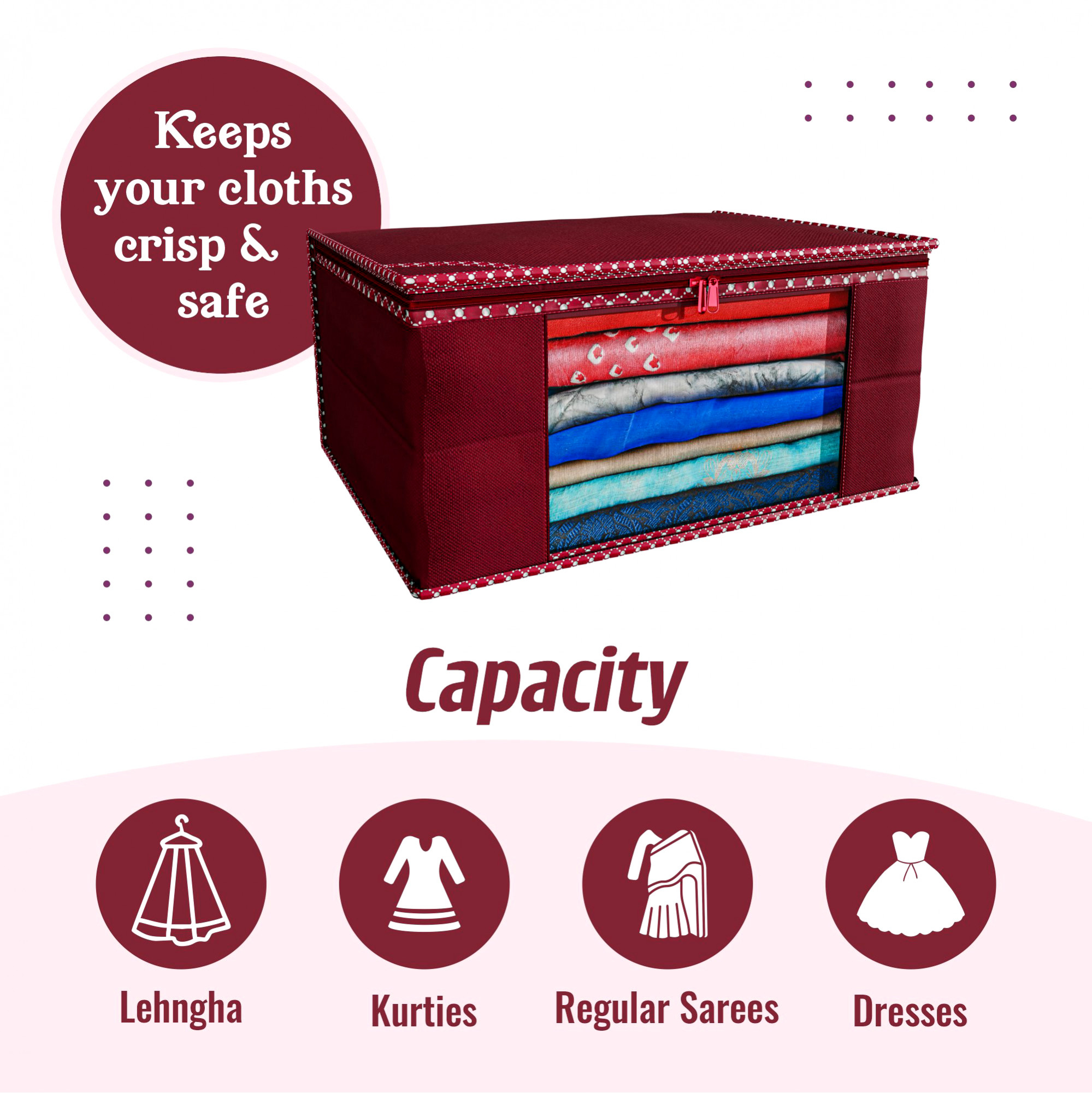 Kuber Industries Non Woven Fabric Saree Cover/Clothes Organizer|Solid Color & Transparent Window|Zipper Closure With Foldable Material|Size 43 x 35 x 22, Pack of 6 (Maroon)