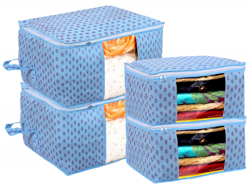 Kuber industries Non-Woven Floral Print 2 Pieces Underbed Storage Bag &amp; 2 Pieces Saree Cover With Transparent Window,(Sky Blue)