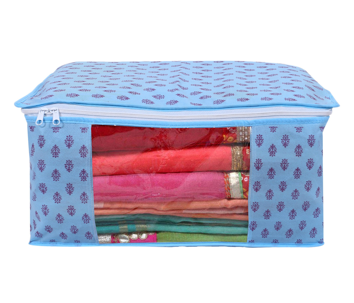 Kuber industries Non-Woven Floral Print 2 Pieces Underbed Storage Bag & 2 Pieces Saree Cover With Transparent Window,(Sky Blue)
