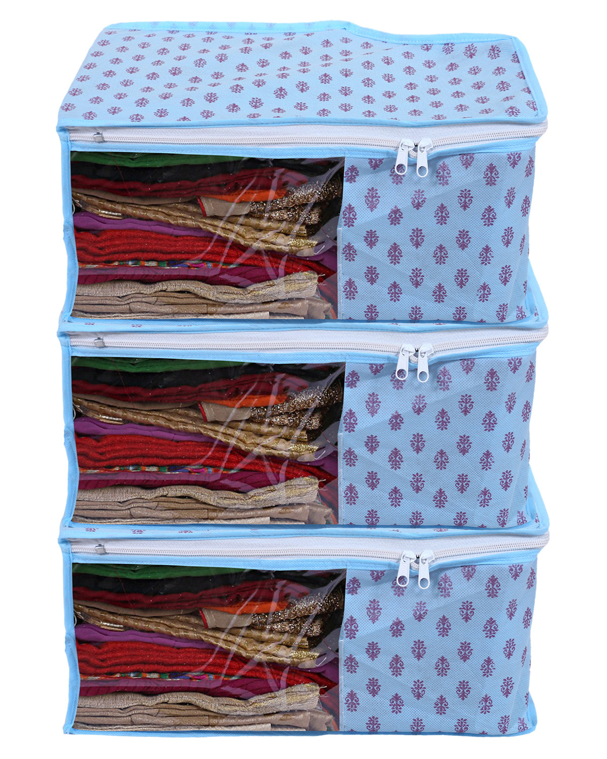 Kuber Industries Non-Woven Floral Print Foldable Blouse Cover|Clothes Organizer For Home & Traveling With Front Window Extra Large(Sky Blue)