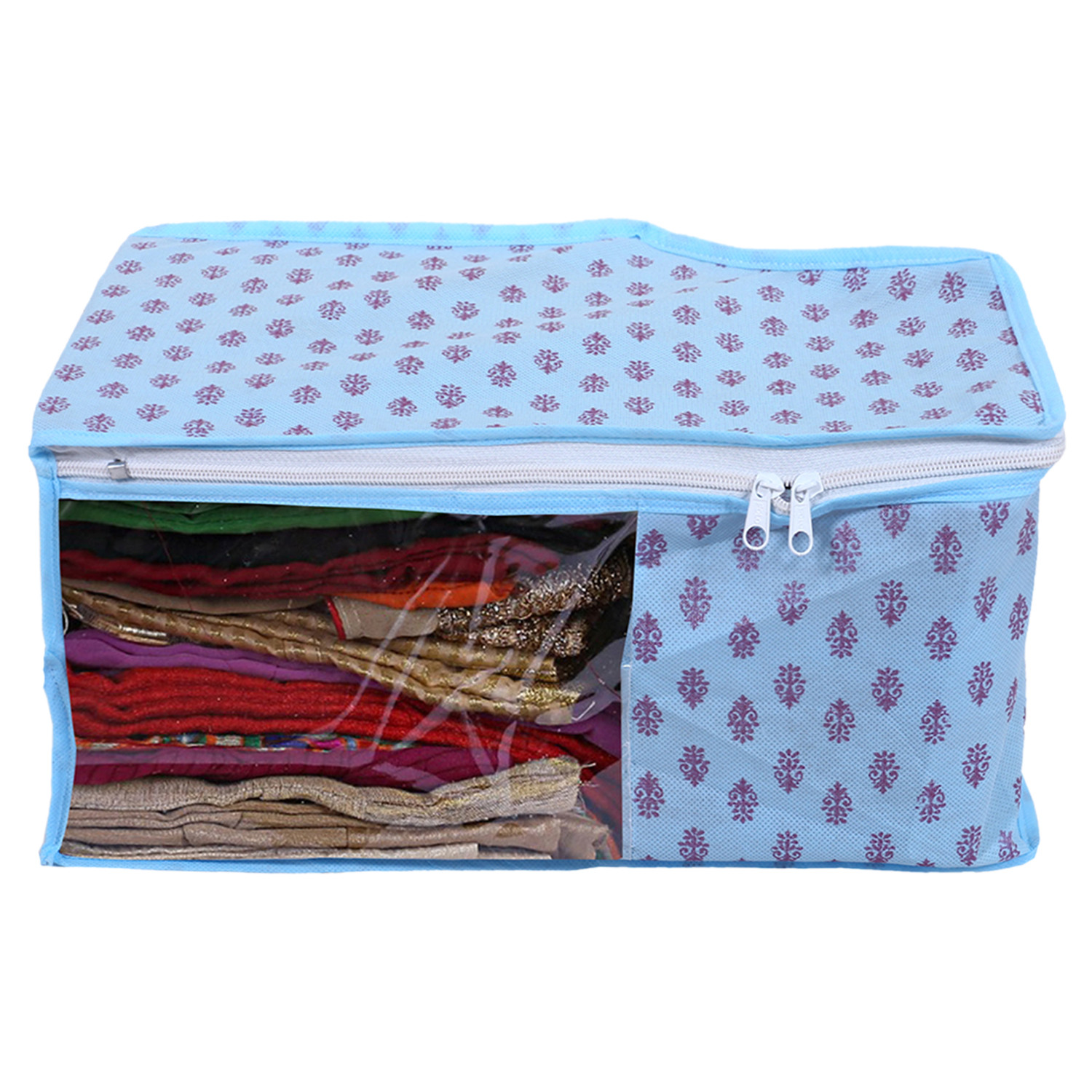 Kuber Industries Non-Woven Floral Print Foldable Blouse Cover|Clothes Organizer For Home & Traveling With Front Window Extra Large(Sky Blue)