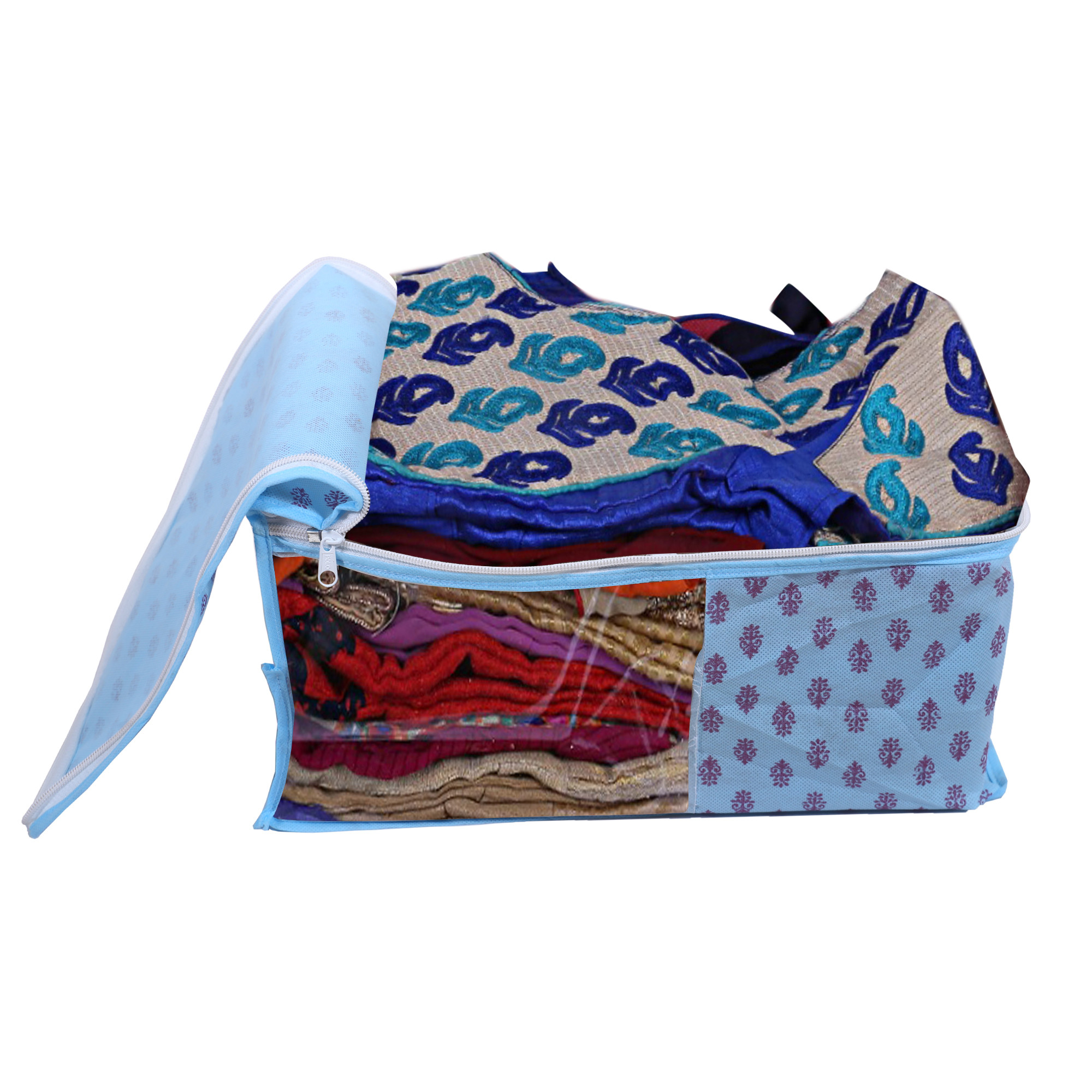Kuber Industries Non-Woven Floral Print Foldable Blouse Cover|Clothes Organizer For Home & Traveling With Front Window Extra Large(Sky Blue)