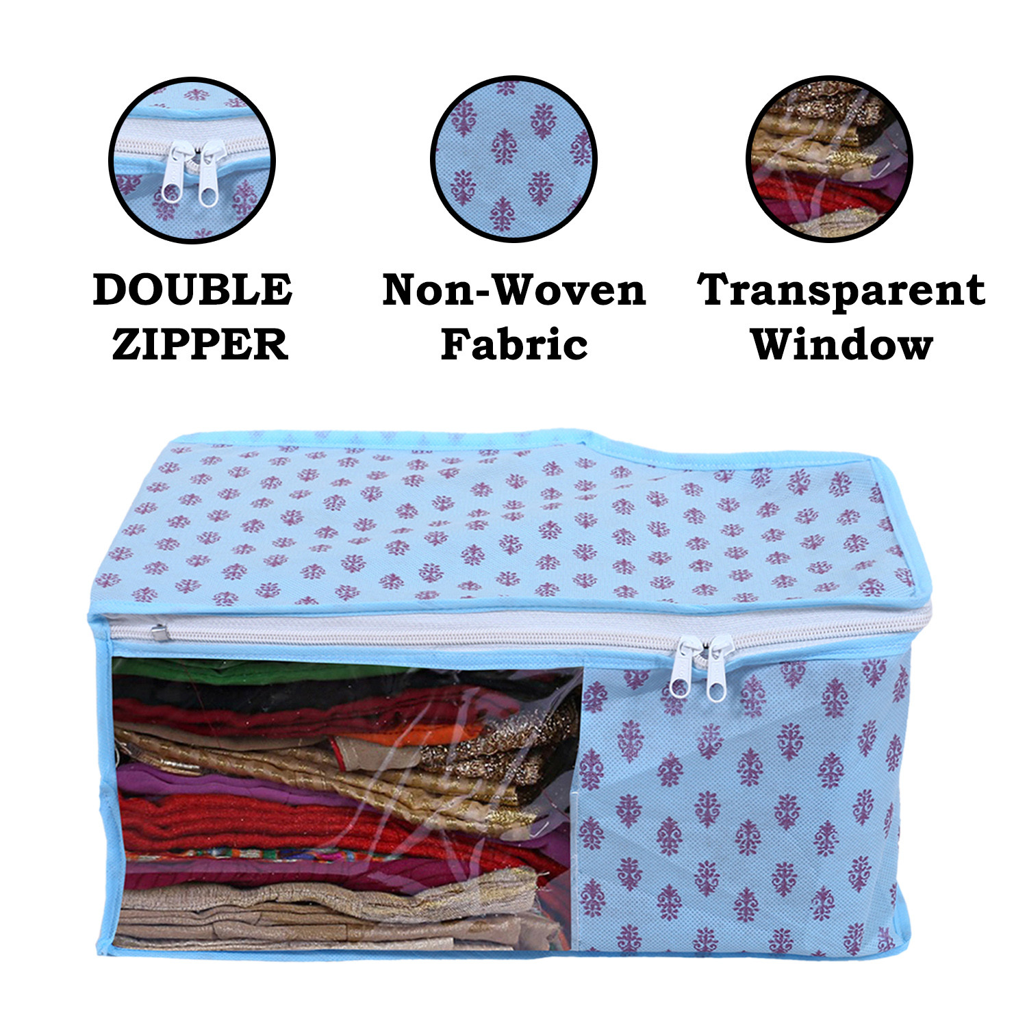 Kuber Industries Non-Woven Floral Print Foldable Blouse Cover|Clothes Organizer For Home & Traveling With Front Window Extra Large(Sky Blue)
