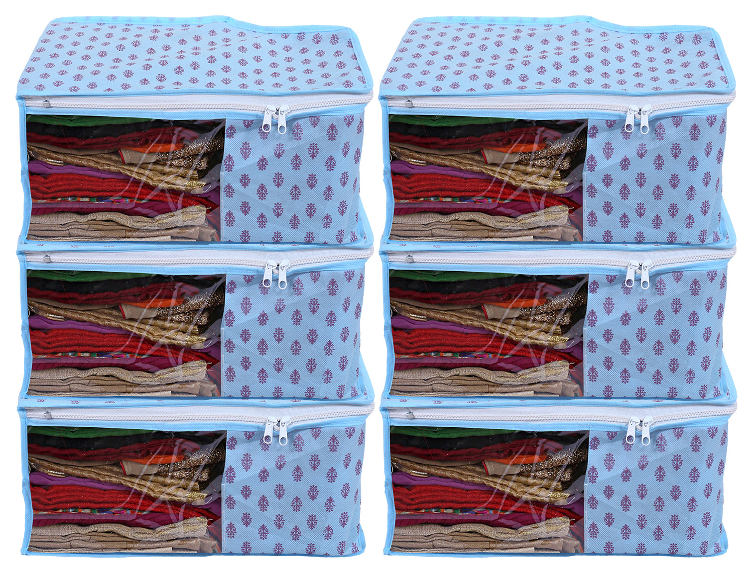 Kuber Industries Non-Woven Floral Print Foldable Blouse Cover|Clothes Organizer For Home & Traveling With Front Window Extra Large(Sky Blue)