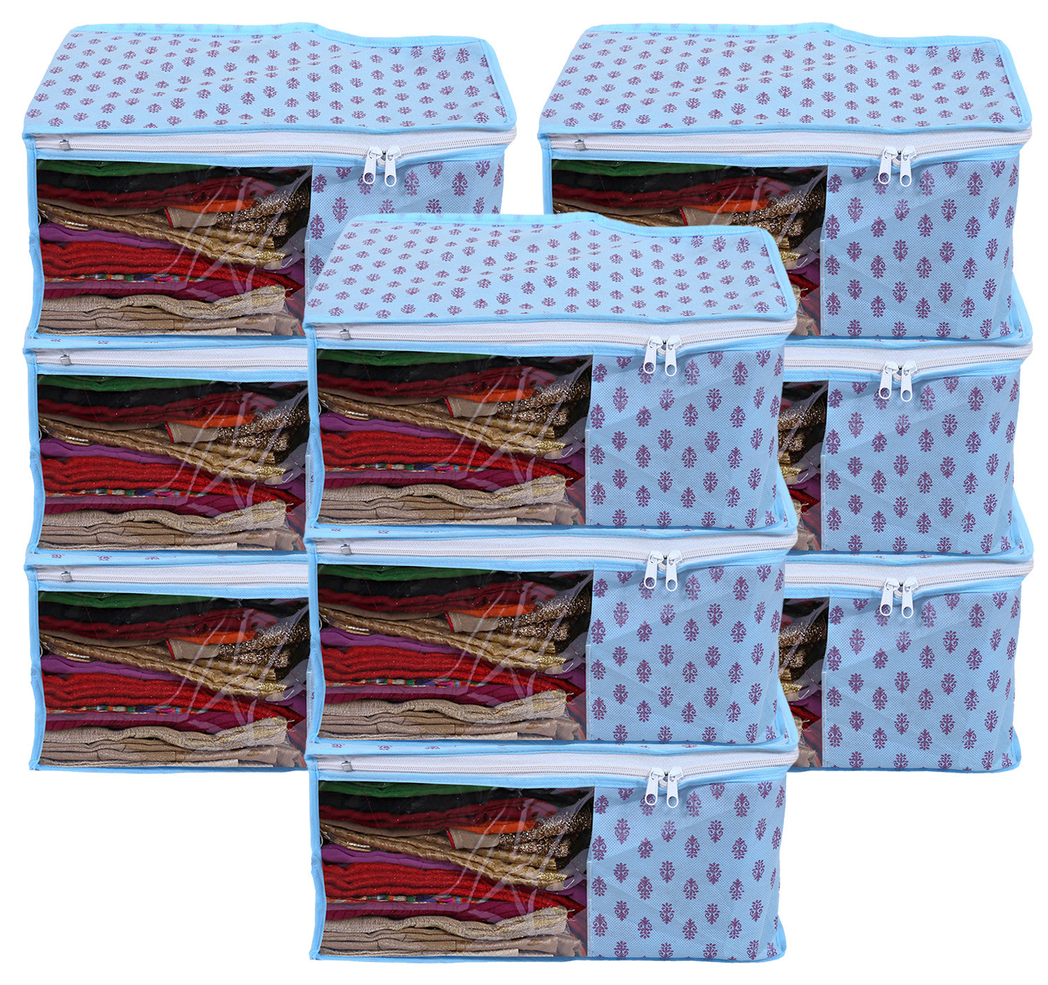 Kuber Industries Non-Woven Floral Print Foldable Blouse Cover|Clothes Organizer For Home & Traveling With Front Window Extra Large(Sky Blue)