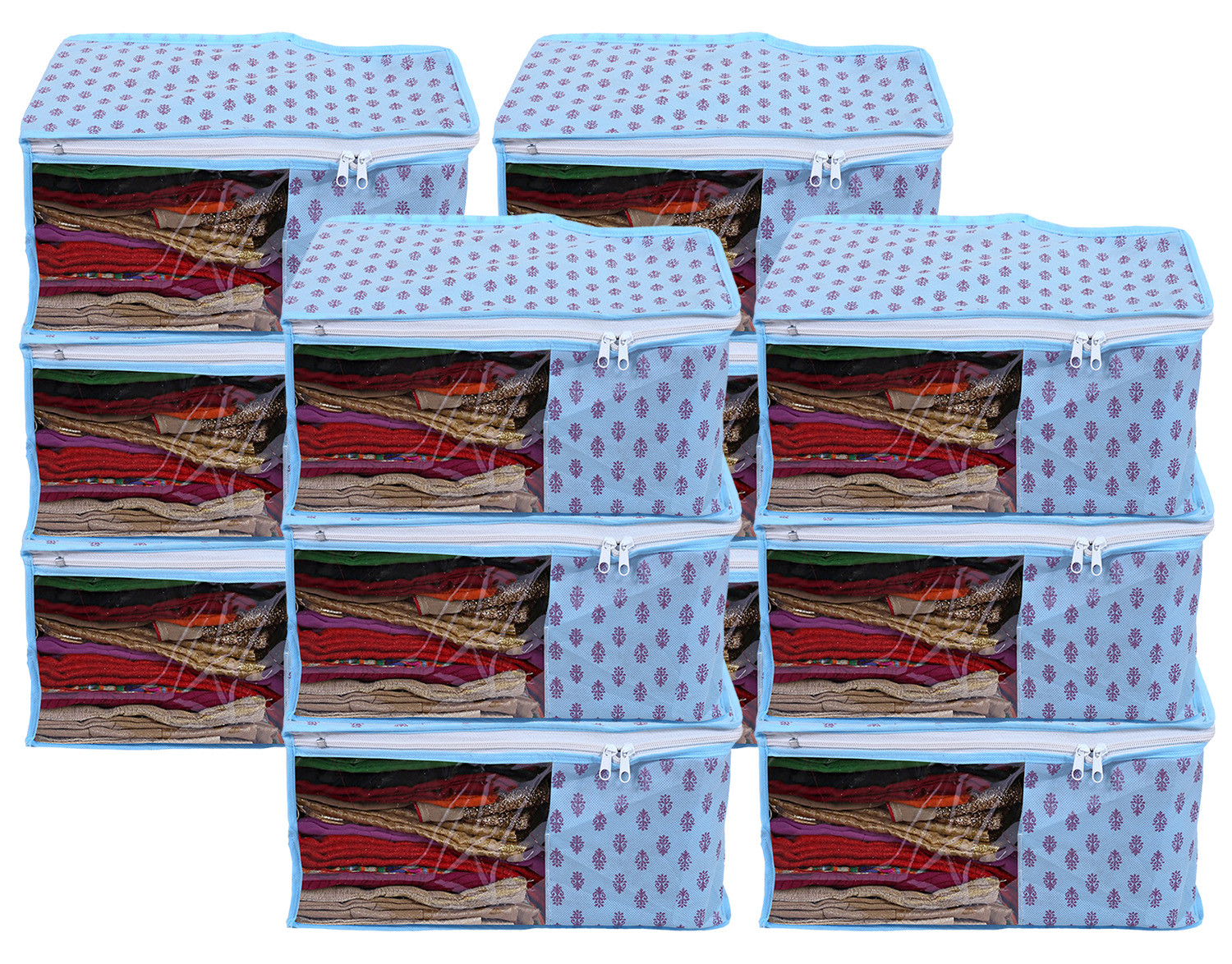 Kuber Industries Non-Woven Floral Print Foldable Blouse Cover|Clothes Organizer For Home & Traveling With Front Window Extra Large(Sky Blue)