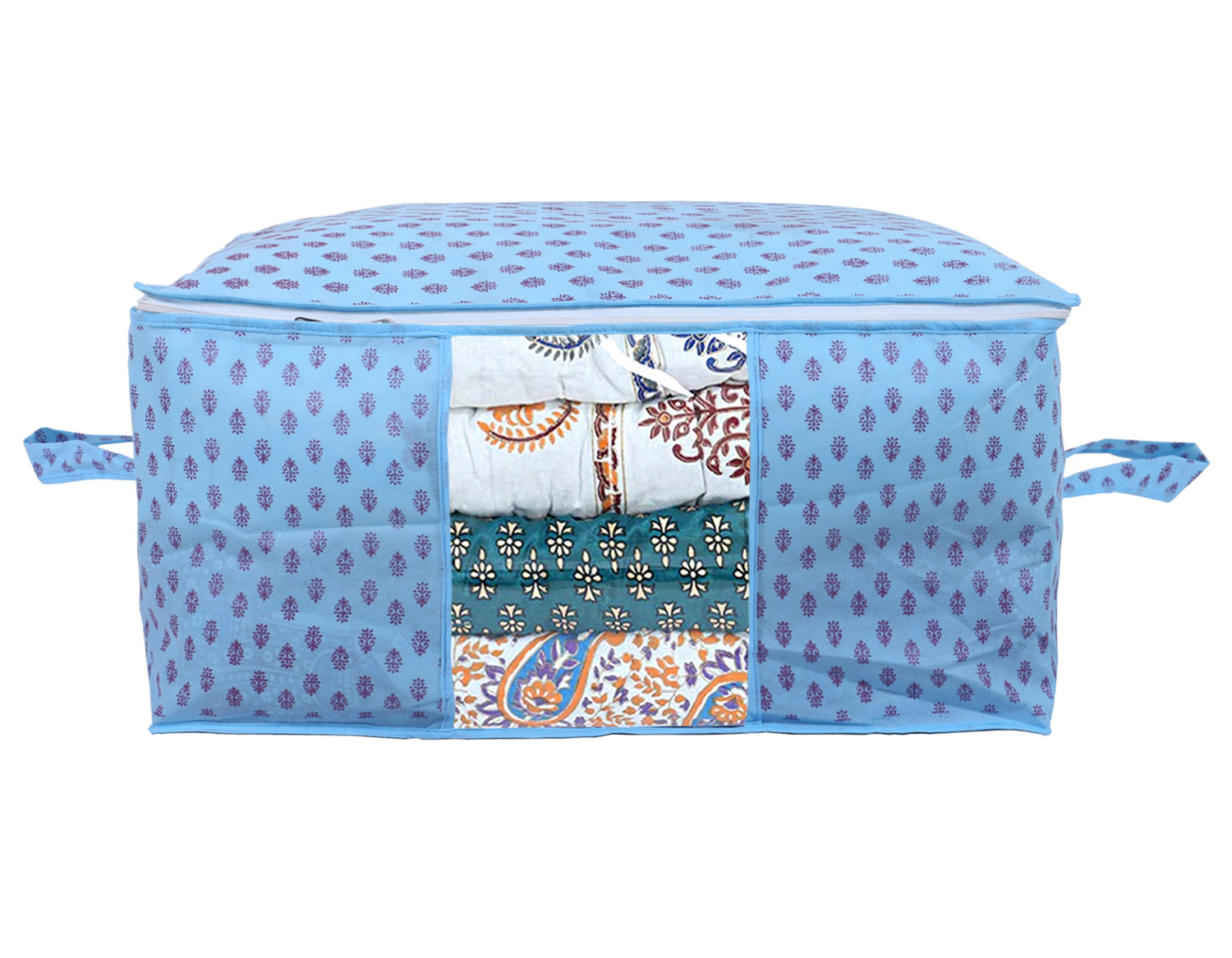 Kuber Industries Non-Woven Floral Print Underbed|Blanket Cover With Transparent Window, Zippered & Handle (Sky Blue)