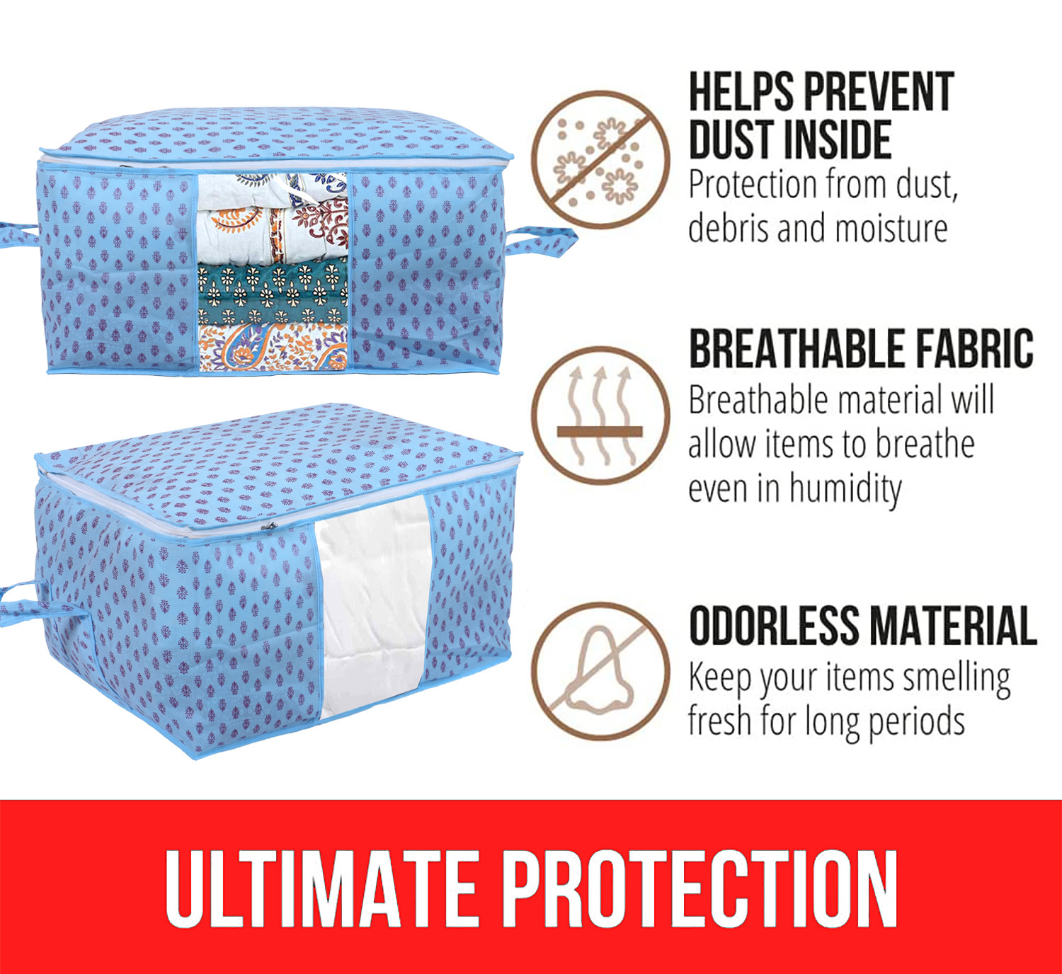 Kuber Industries Non-Woven Floral Print Underbed|Blanket Cover With Transparent Window, Zippered & Handle (Sky Blue)