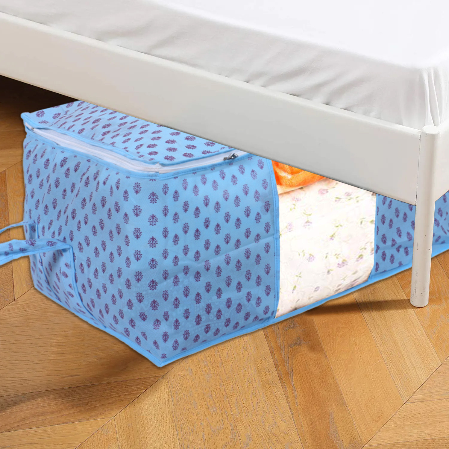 Kuber Industries Non-Woven Floral Print Underbed|Blanket Cover With Transparent Window, Zippered & Handle (Sky Blue)
