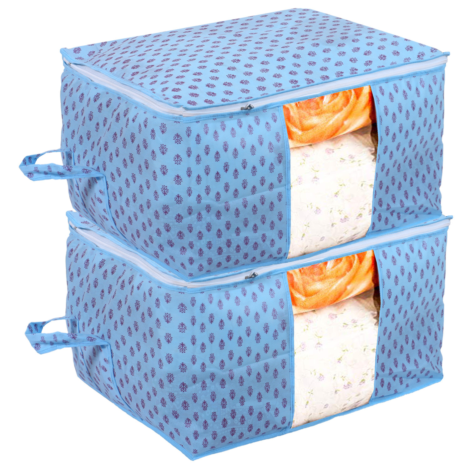 Kuber Industries Non-Woven Floral Print Underbed|Blanket Cover With Transparent Window, Zippered & Handle (Sky Blue)