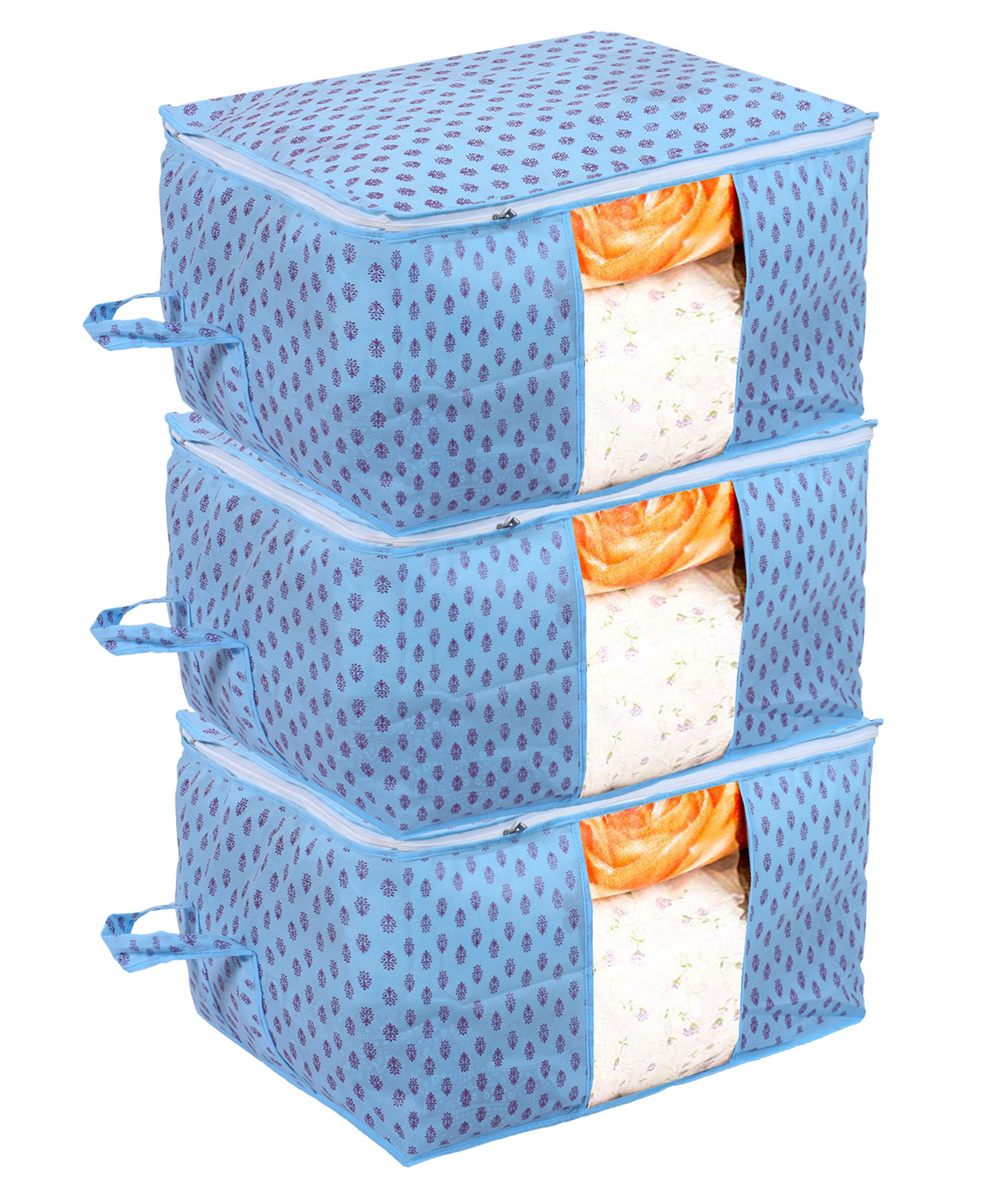 Kuber Industries Non-Woven Floral Print Underbed|Blanket Cover With Transparent Window, Zippered & Handle (Sky Blue)
