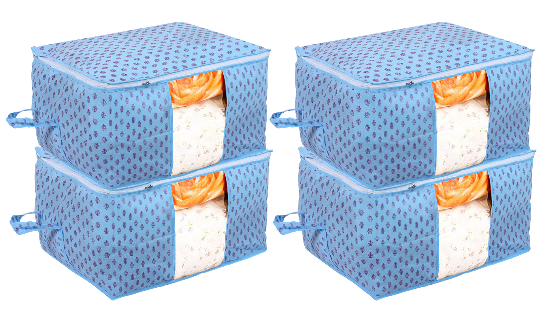 Kuber Industries Non-Woven Floral Print Underbed|Blanket Cover With Transparent Window, Zippered & Handle (Sky Blue)