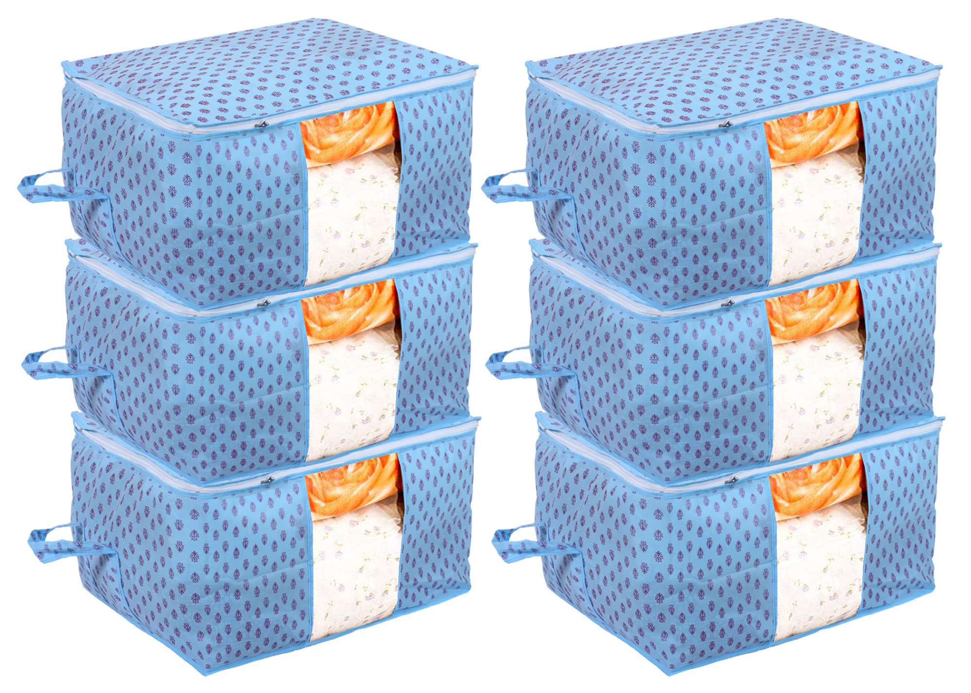 Kuber Industries Non-Woven Floral Print Underbed|Blanket Cover With Transparent Window, Zippered & Handle (Sky Blue)