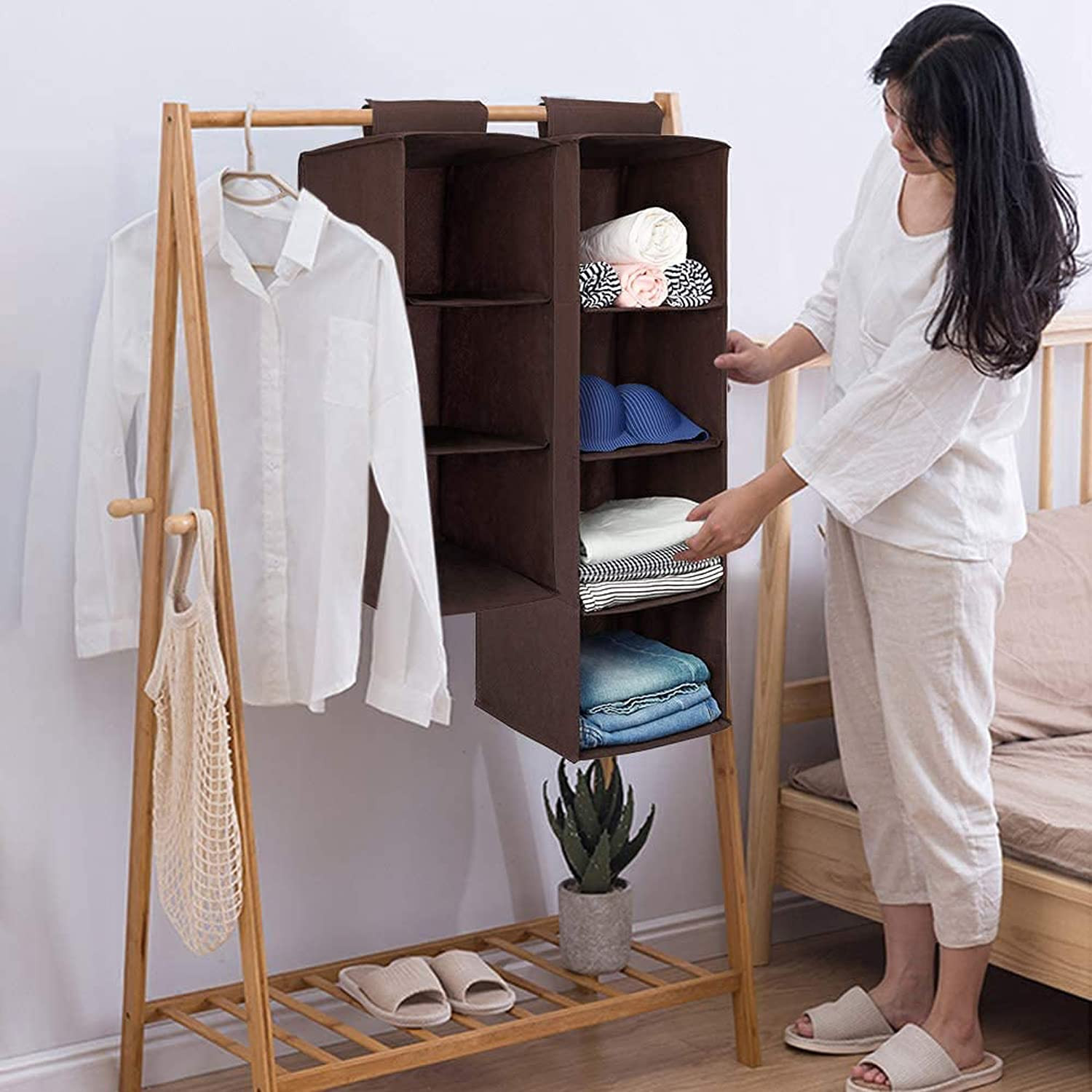 Kuber Industries Non Woven Foldable 4 Shelf Closet Hanging OrganizerWardrobe Organizer-  Brown-HS40KUBMART23986