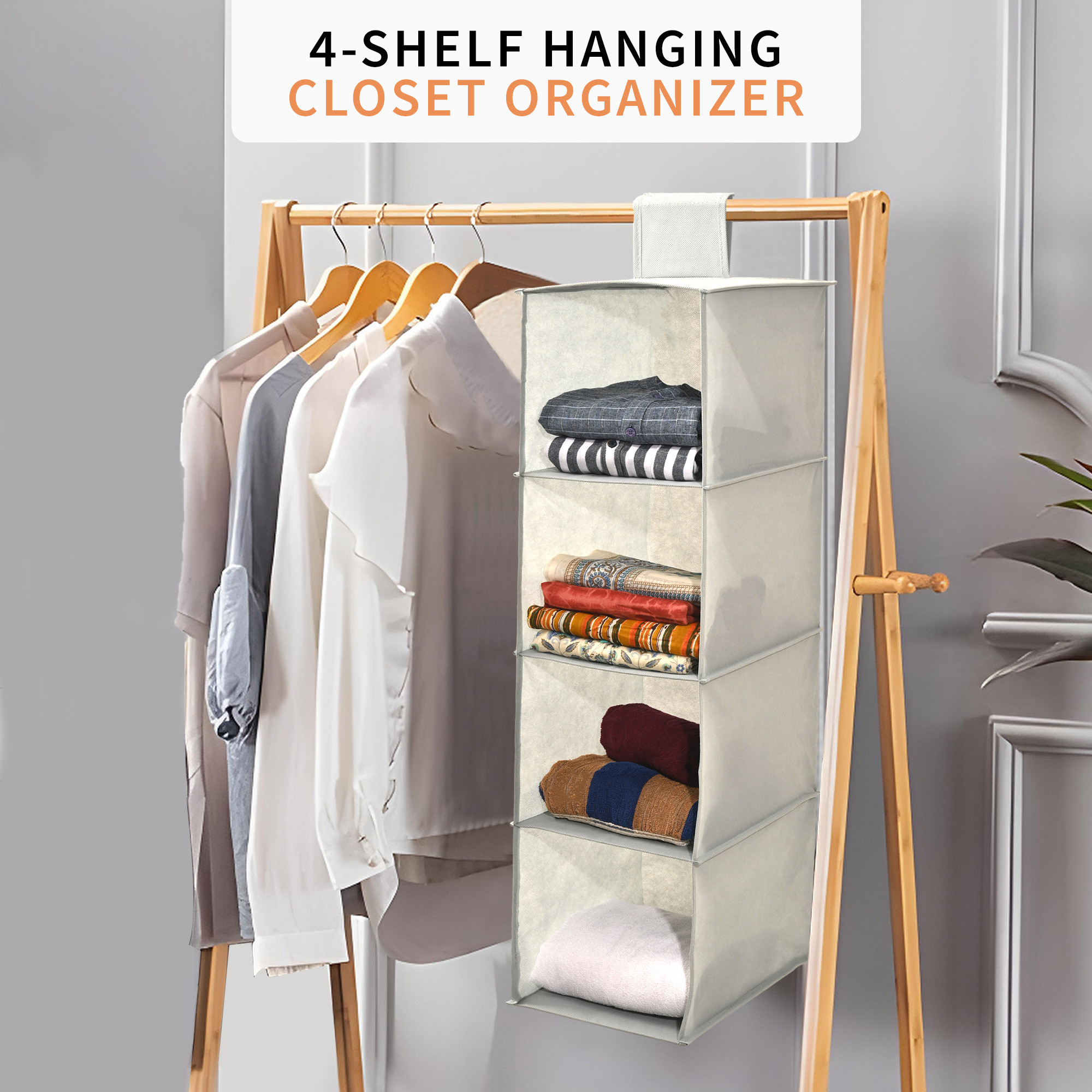 Kuber Industries Non Woven Foldable 4 Shelf Hanging Closet Organizer  Multipurpose WardrobeCupboardAlmirah Hanging Organiser  Perfect for Daily ClothesGarment  Plain - Grey