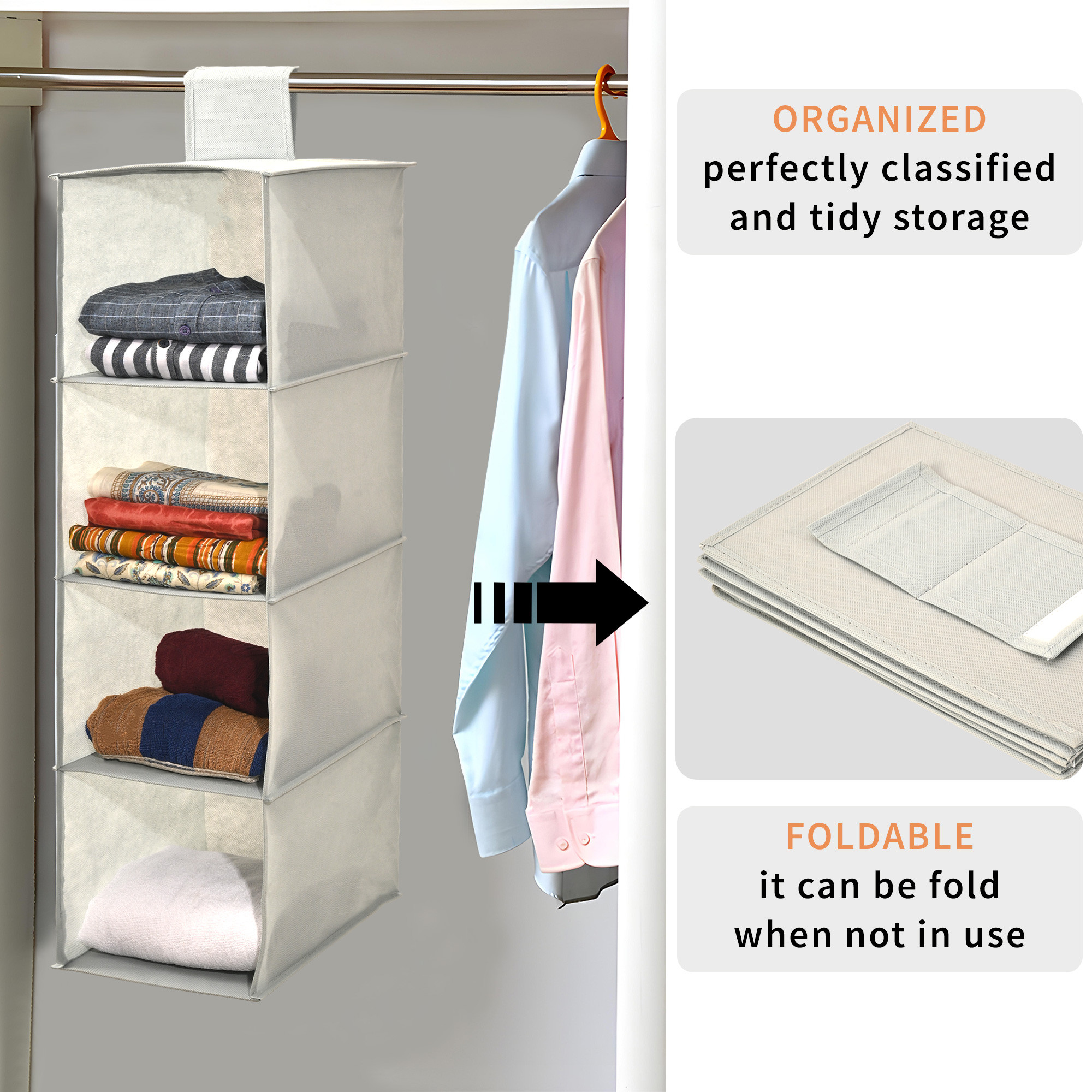 Kuber Industries Non Woven Foldable 4 Shelf Hanging Closet Organizer  Multipurpose WardrobeCupboardAlmirah Hanging Organiser  Perfect for Daily ClothesGarment  Plain - Grey