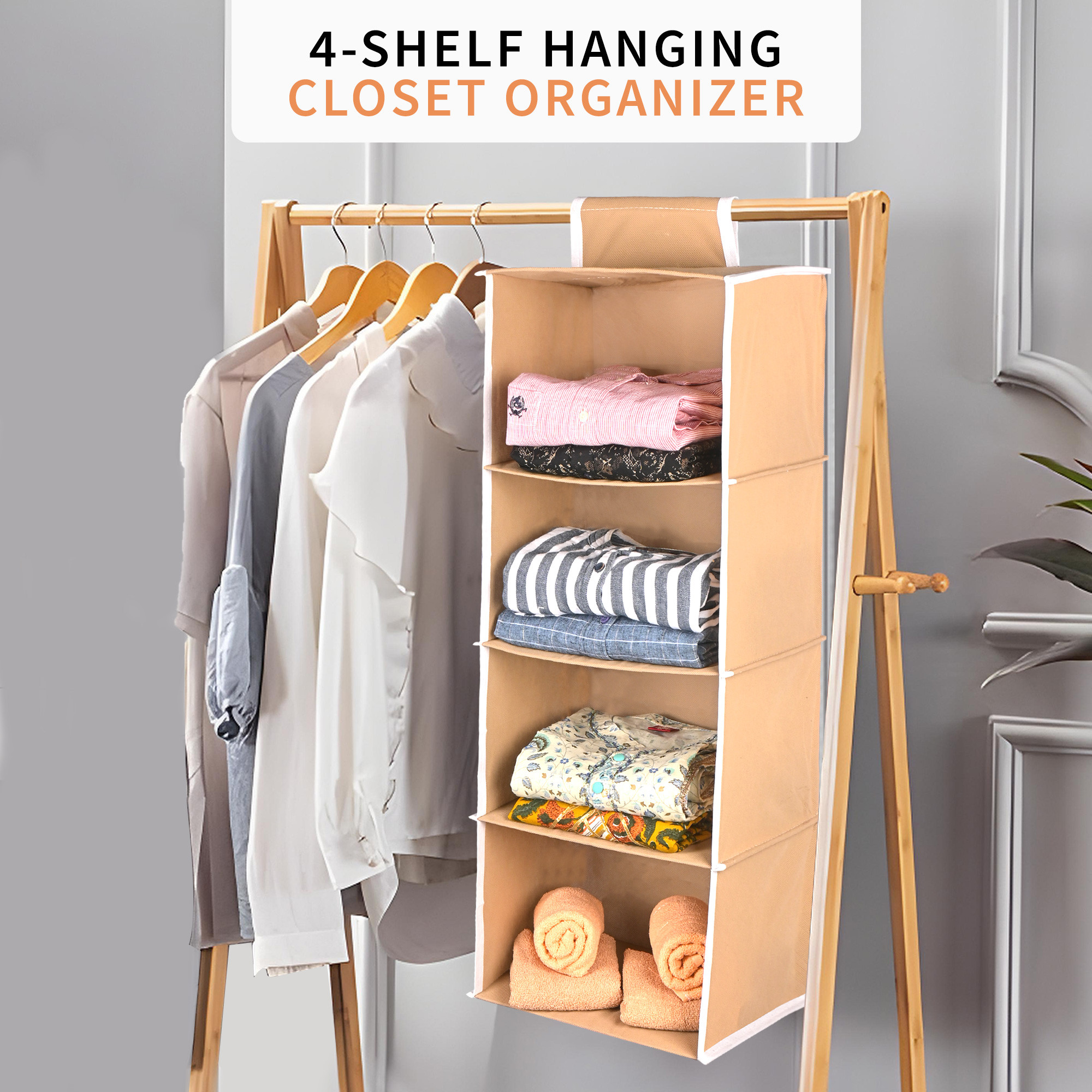 Kuber Industries Non Woven Foldable 4 Shelf Hanging Closet Organizer  Multipurpose WardrobeCupboardAlmirah Hanging Cloth Organizer  Perfect for Daily ClothesGarment  Plain - Brown