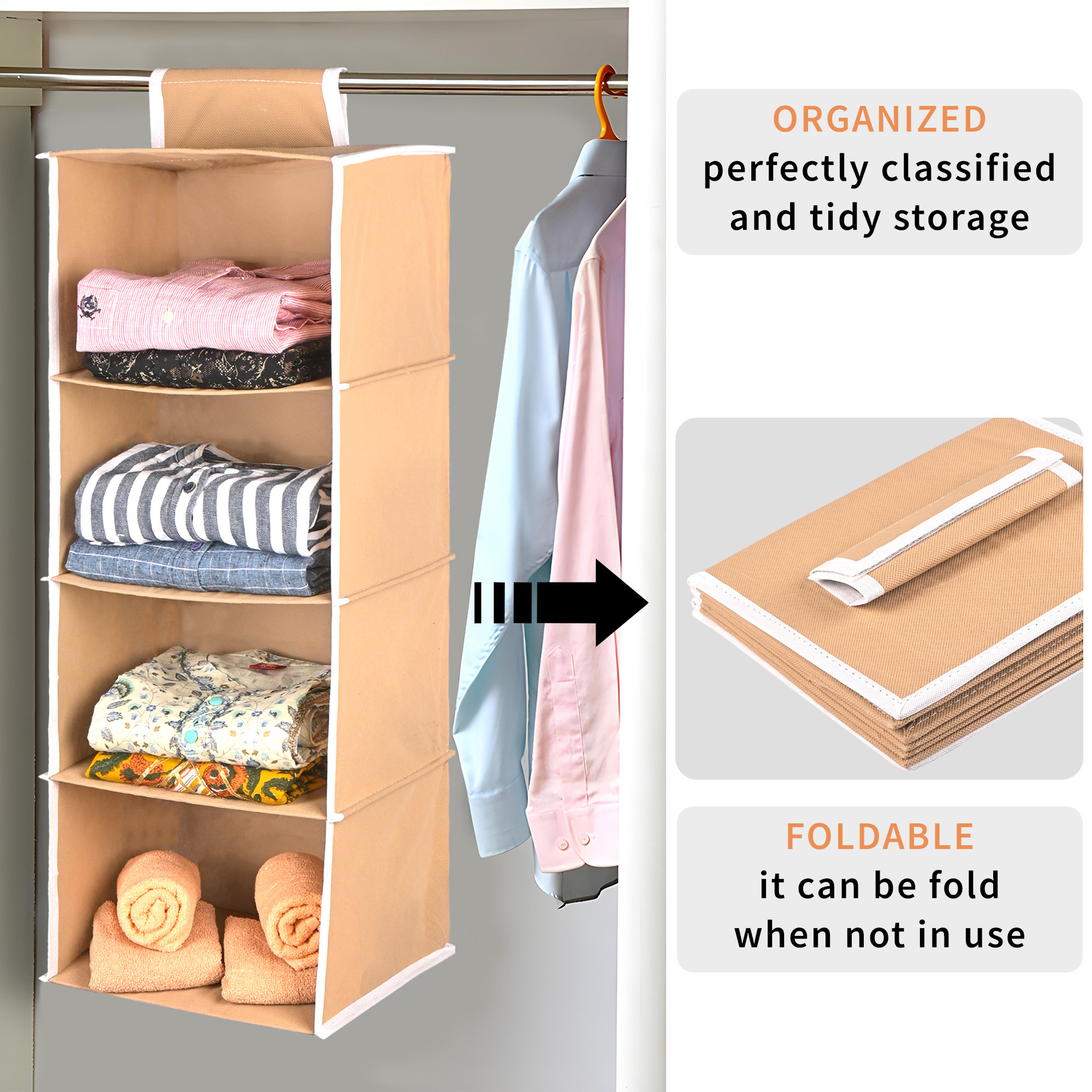 Kuber Industries Non Woven Foldable 4 Shelf Hanging Closet Organizer  Multipurpose WardrobeCupboardAlmirah Hanging Cloth Organizer  Perfect for Daily ClothesGarment  Plain - Brown