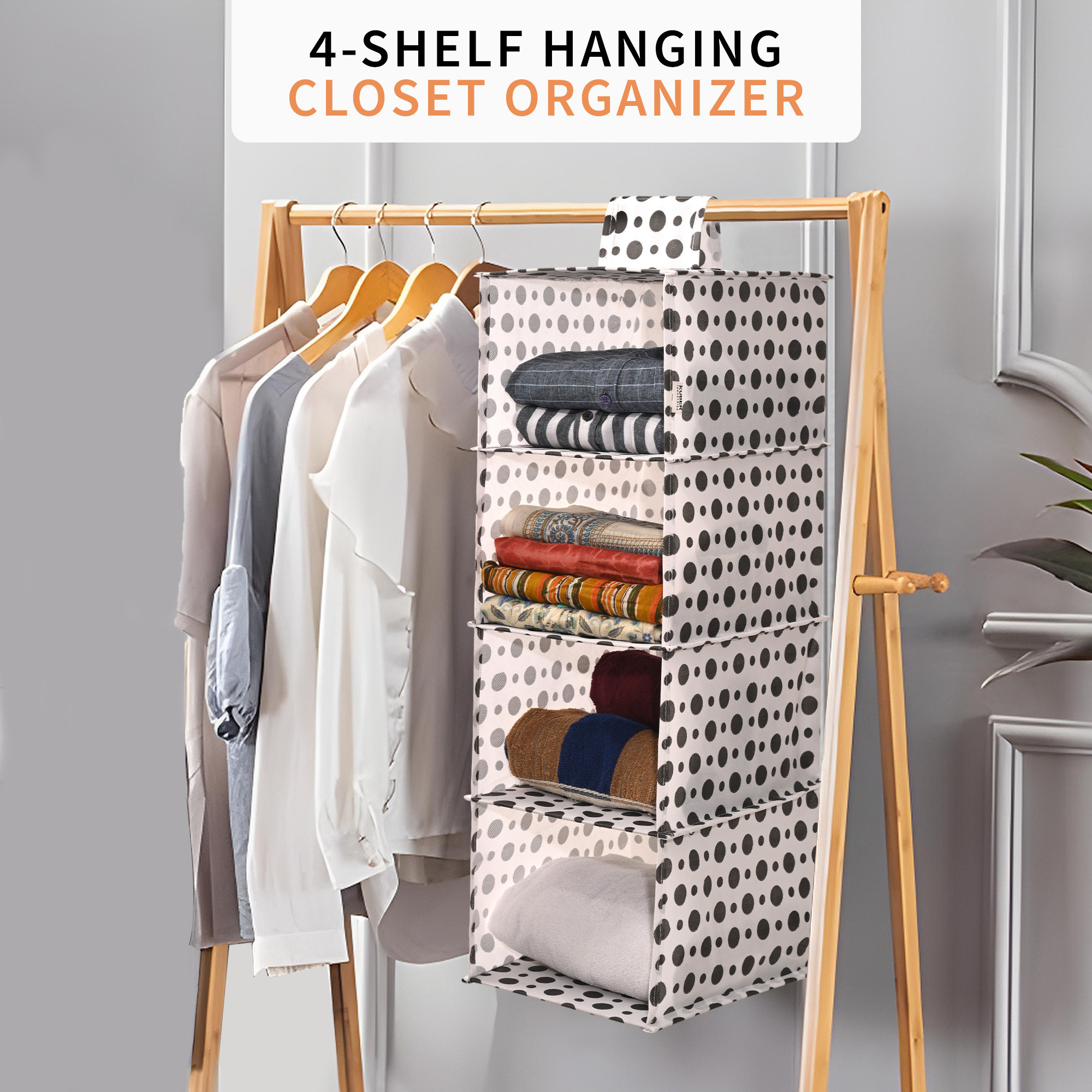 Kuber Industries Non Woven Foldable 4 Shelf Hanging Closet Organizer  Multipurpose WardrobeCupboardClothAlmirah Hanging Organizer  Perfect for Daily ClothesGarment  Polka Dot - White