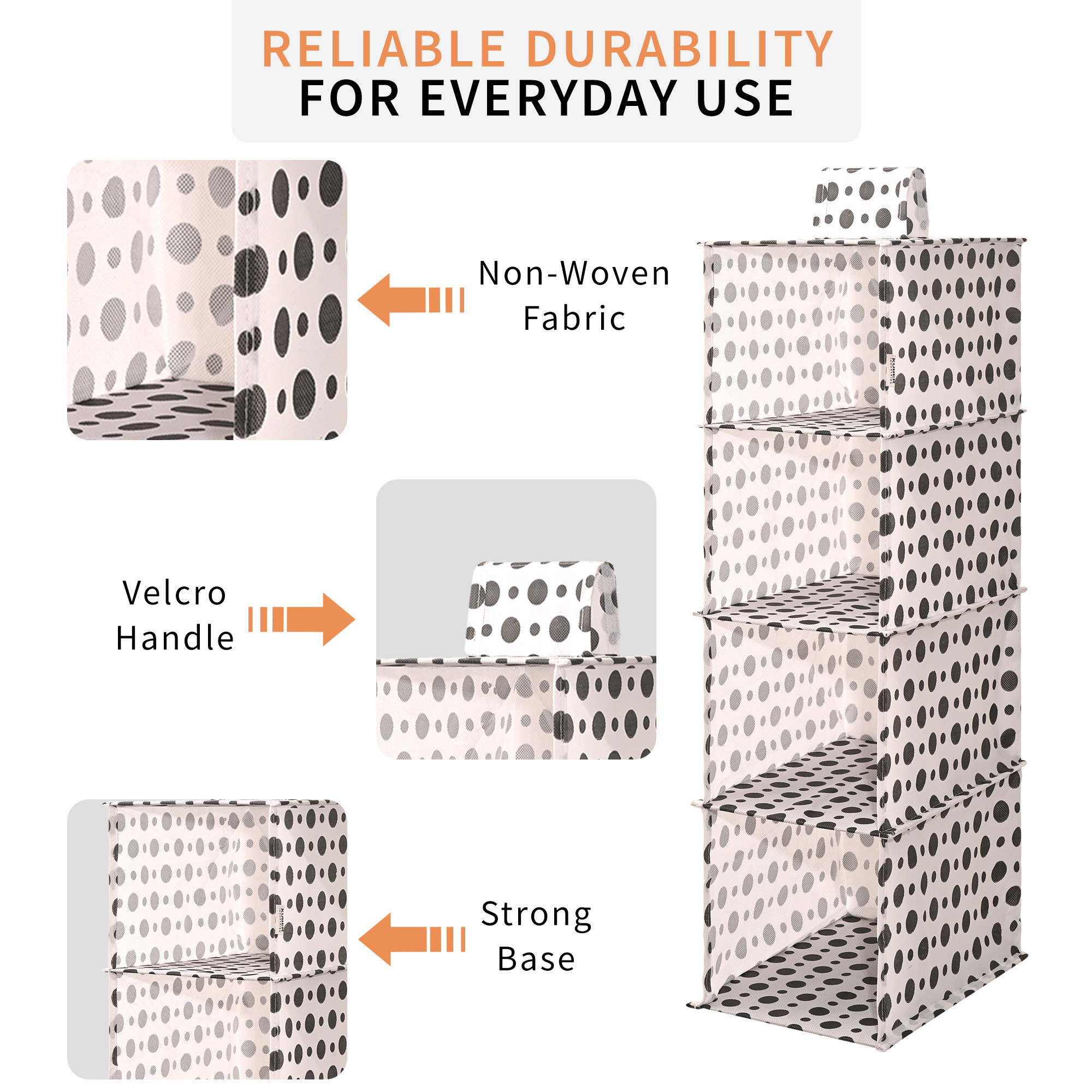 Kuber Industries Non Woven Foldable 4 Shelf Hanging Closet Organizer  Multipurpose WardrobeCupboardClothAlmirah Hanging Organizer  Perfect for Daily ClothesGarment  Polka Dot - White