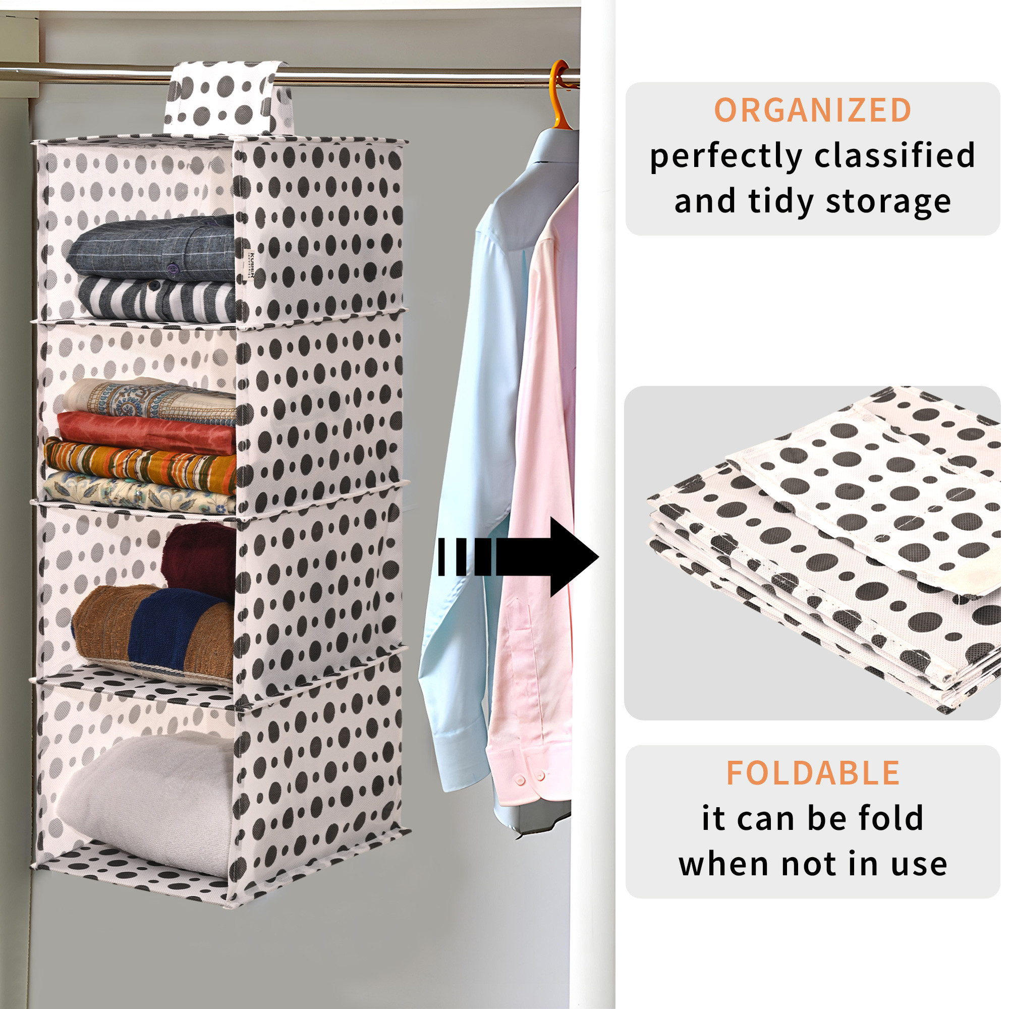 Kuber Industries Non Woven Foldable 4 Shelf Hanging Closet Organizer  Multipurpose WardrobeCupboardClothAlmirah Hanging Organizer  Perfect for Daily ClothesGarment  Polka Dot - White