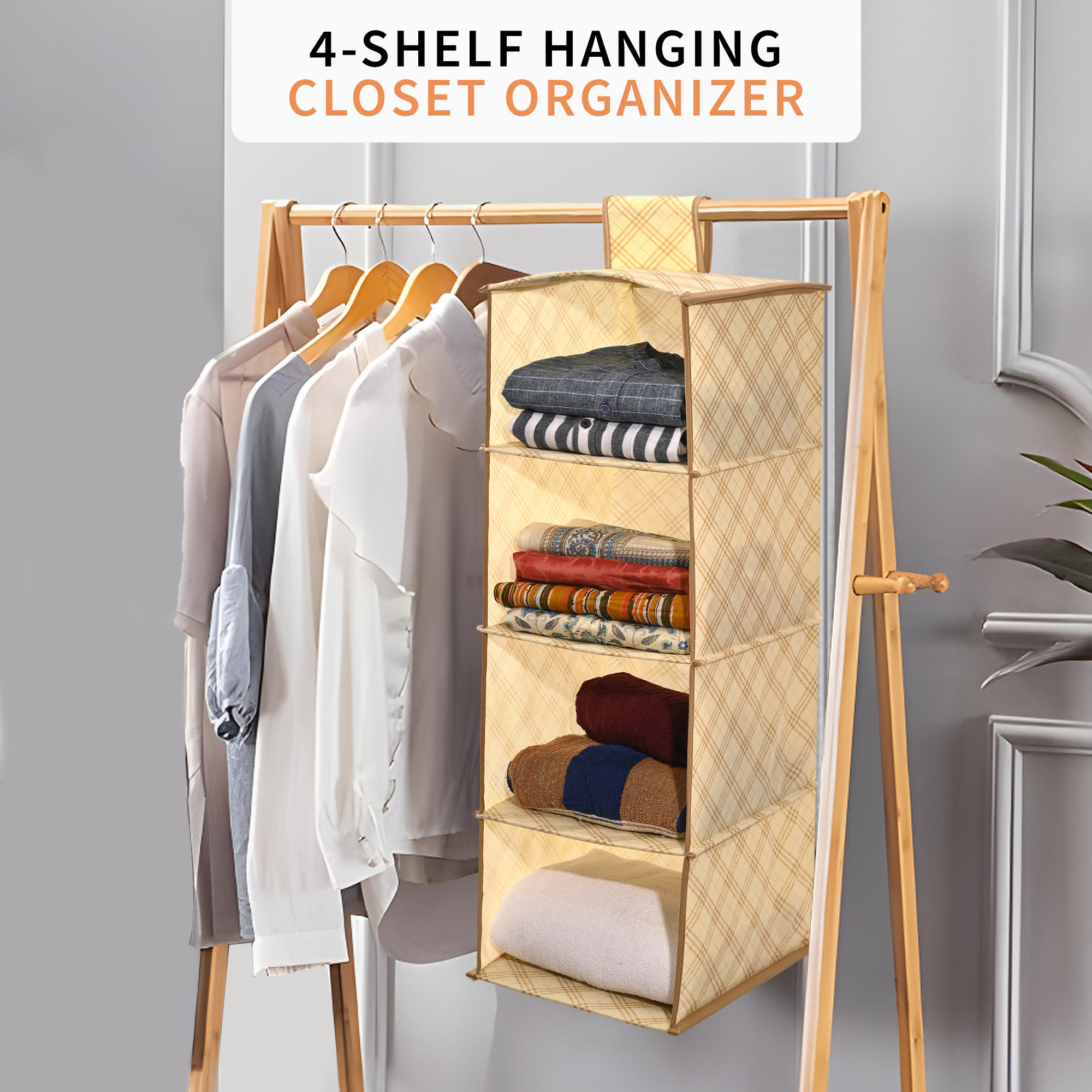 Kuber Industries Non Woven Foldable 4 Shelf Hanging Closet Organizer  Multipurpose WardrobeCupboardClothAlmirah Hanging Organizer  Perfect for Daily ClothesGarment  Check - Cream