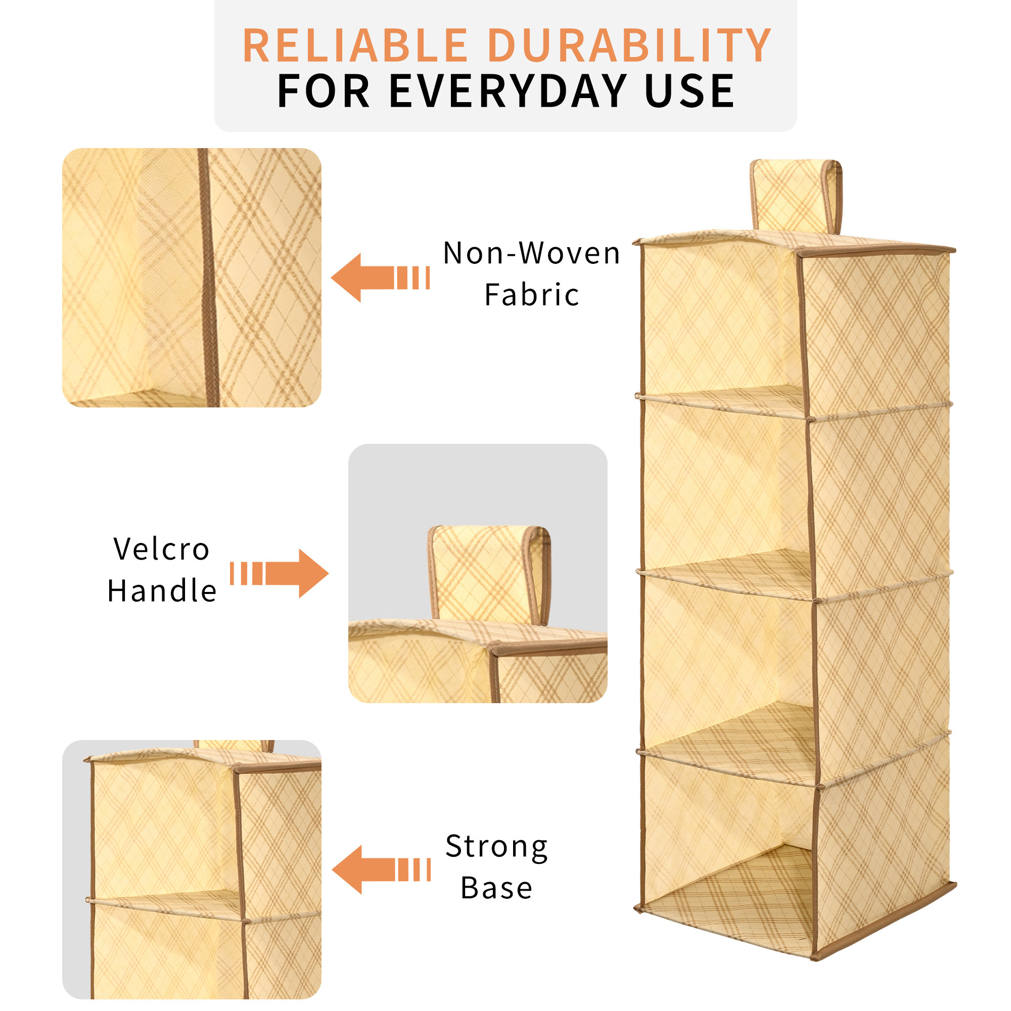 Kuber Industries Non Woven Foldable 4 Shelf Hanging Closet Organizer  Multipurpose WardrobeCupboardClothAlmirah Hanging Organizer  Perfect for Daily ClothesGarment  Check - Cream