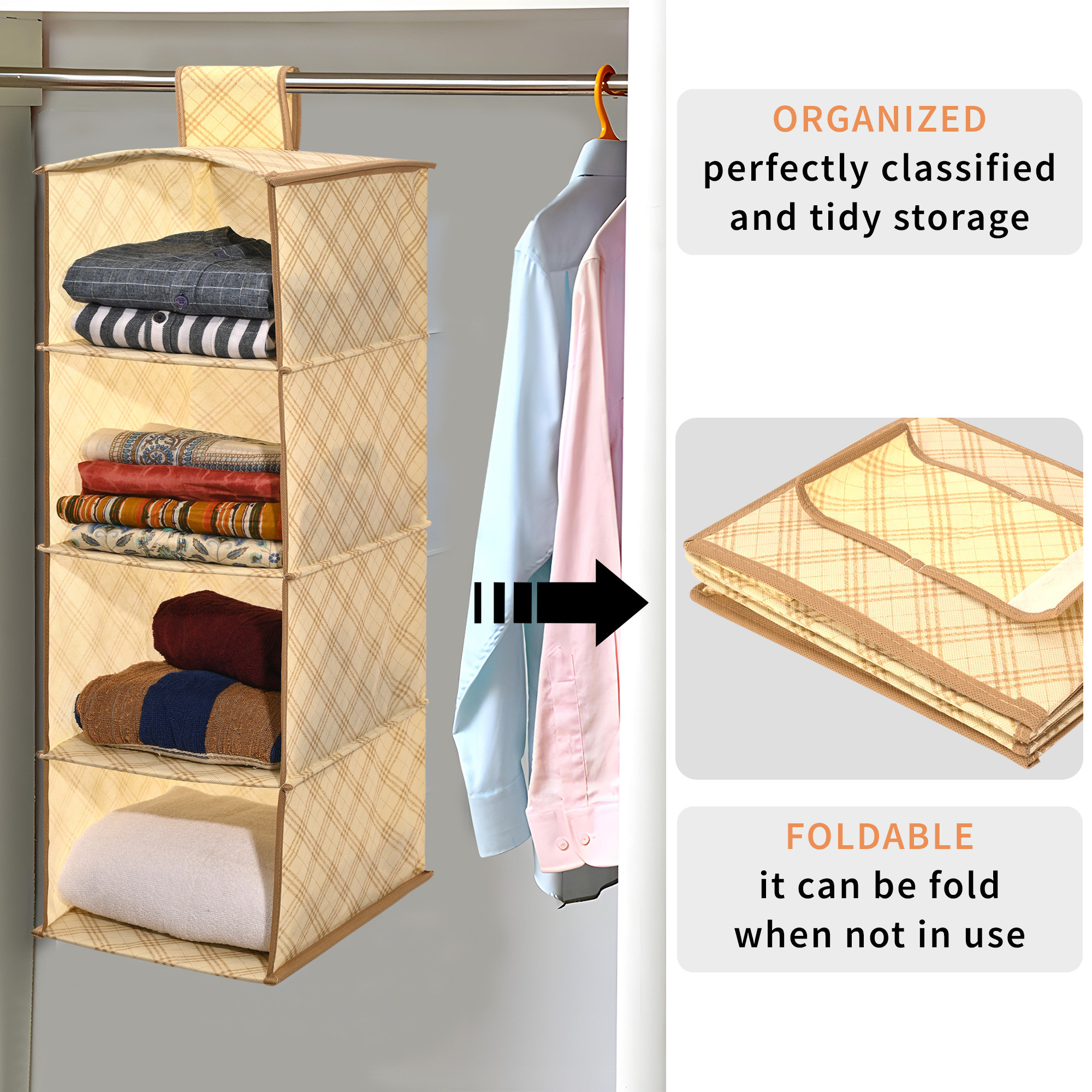 Kuber Industries Non Woven Foldable 4 Shelf Hanging Closet Organizer  Multipurpose WardrobeCupboardClothAlmirah Hanging Organizer  Perfect for Daily ClothesGarment  Check - Cream
