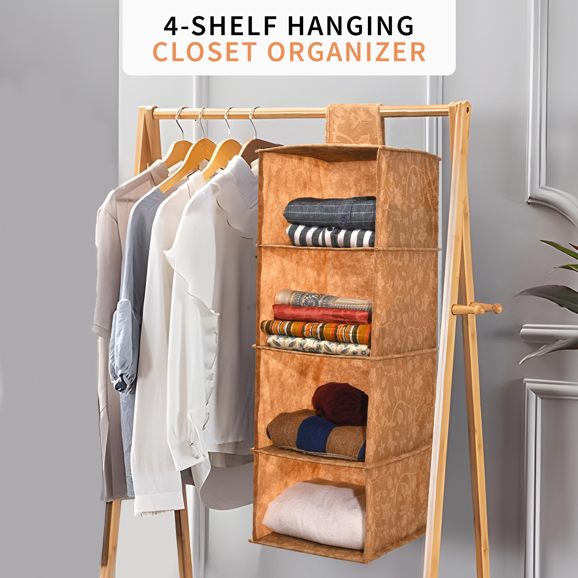Kuber Industries Non Woven Foldable 4 Shelf Hanging Closet Organizer  Perfect for Daily ClothesGarment  Multipurpose WardrobeCupboardAlmirah Hanging Cloth Organizer  New Flower - Brown