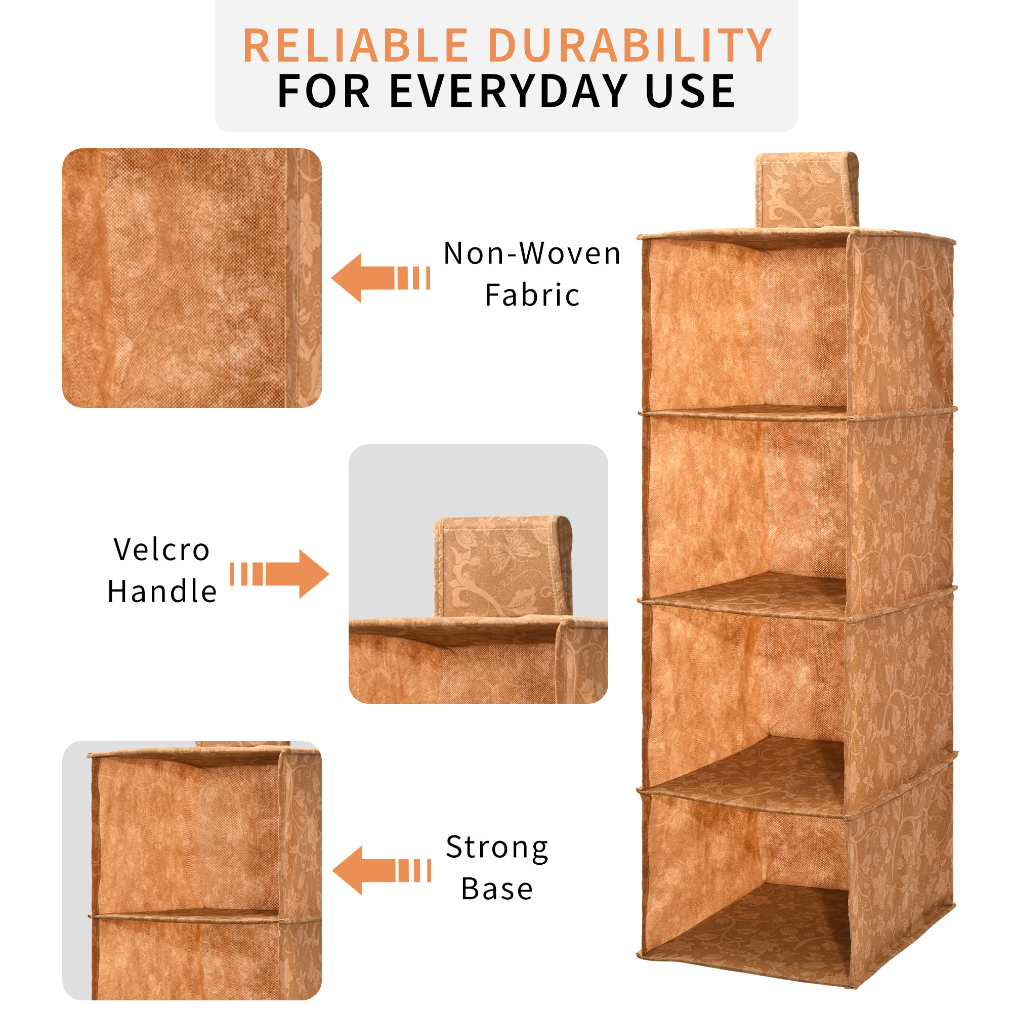 Kuber Industries Non Woven Foldable 4 Shelf Hanging Closet Organizer  Perfect for Daily ClothesGarment  Multipurpose WardrobeCupboardAlmirah Hanging Cloth Organizer  New Flower - Brown