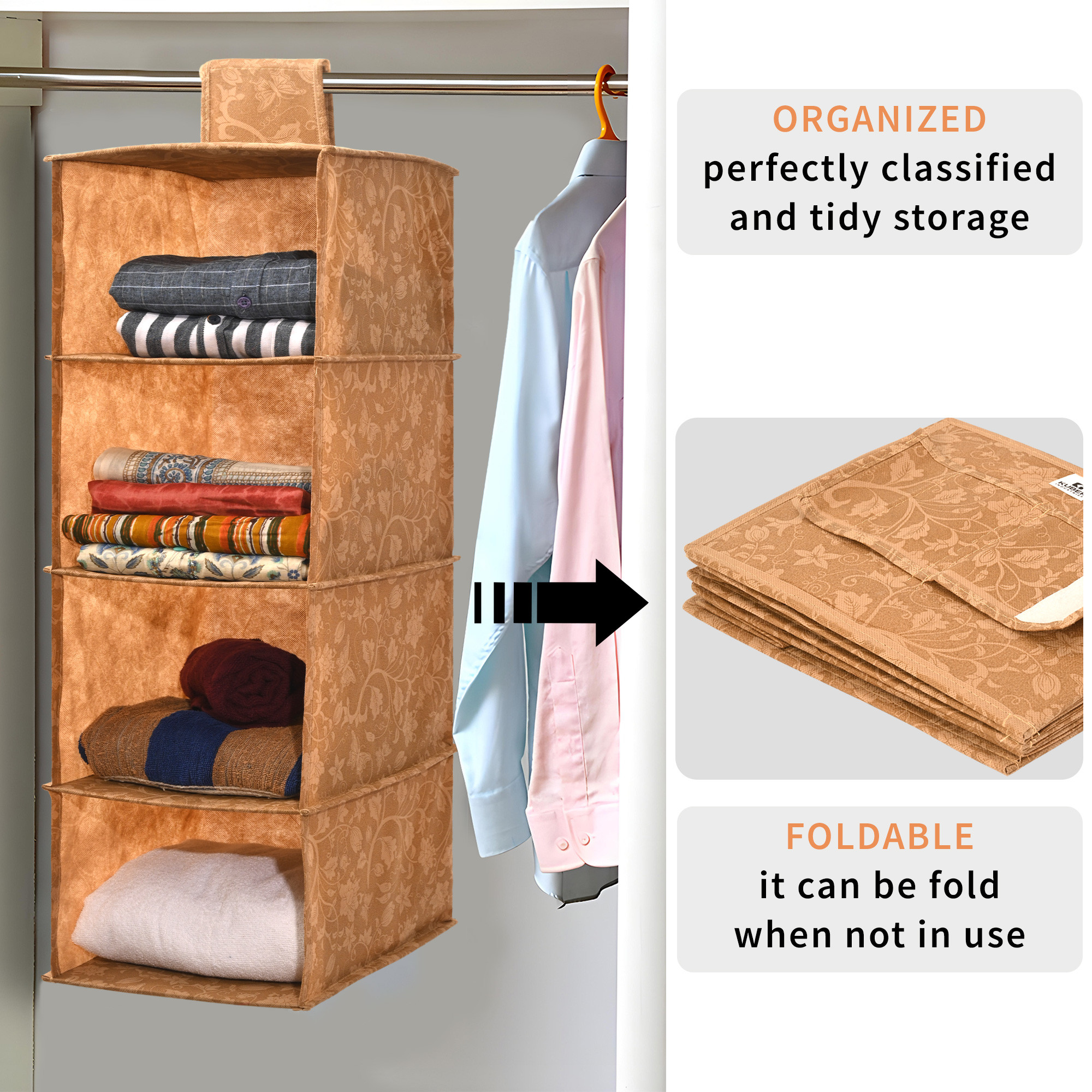 Kuber Industries Non Woven Foldable 4 Shelf Hanging Closet Organizer  Perfect for Daily ClothesGarment  Multipurpose WardrobeCupboardAlmirah Hanging Cloth Organizer  New Flower - Brown