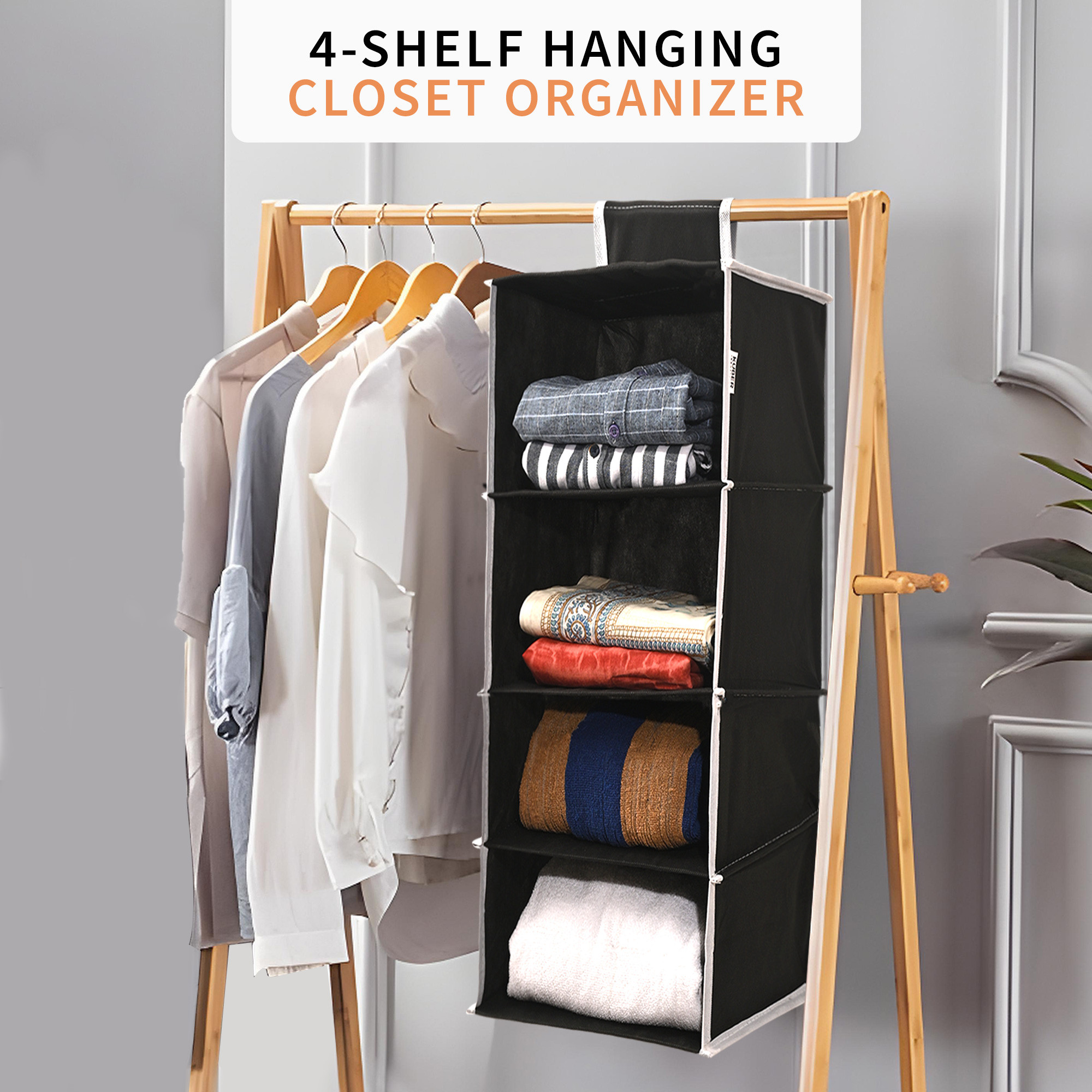 Kuber Industries Non Woven Foldable 4 Shelf Hanging Closet Organizer  Perfect for Daily ClothesGarment  Multipurpose WardrobeCupboardAlmirah Hanging Cloth Organizer  Plain - Black