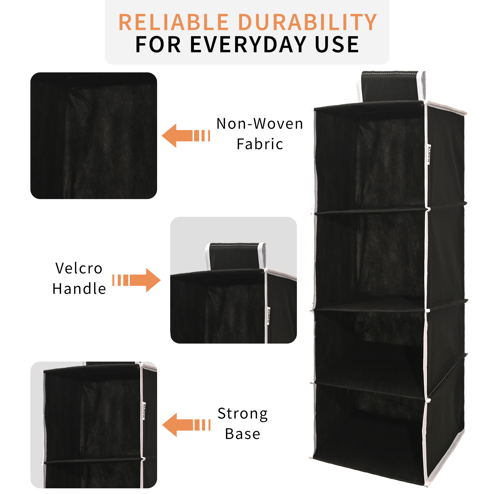 Kuber Industries Non Woven Foldable 4 Shelf Hanging Closet Organizer  Perfect for Daily ClothesGarment  Multipurpose WardrobeCupboardAlmirah Hanging Cloth Organizer  Plain - Black