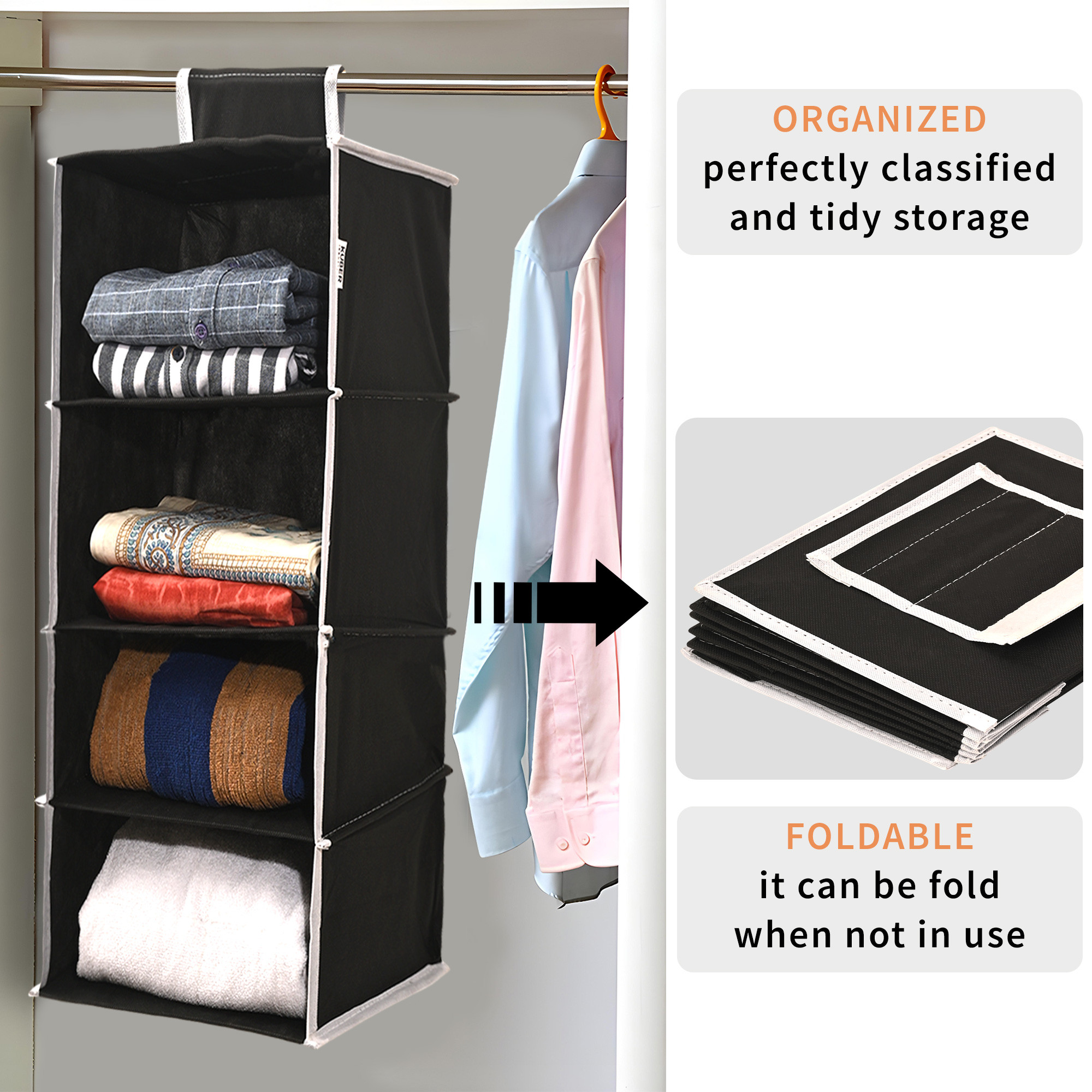 Kuber Industries Non Woven Foldable 4 Shelf Hanging Closet Organizer  Perfect for Daily ClothesGarment  Multipurpose WardrobeCupboardAlmirah Hanging Cloth Organizer  Plain - Black