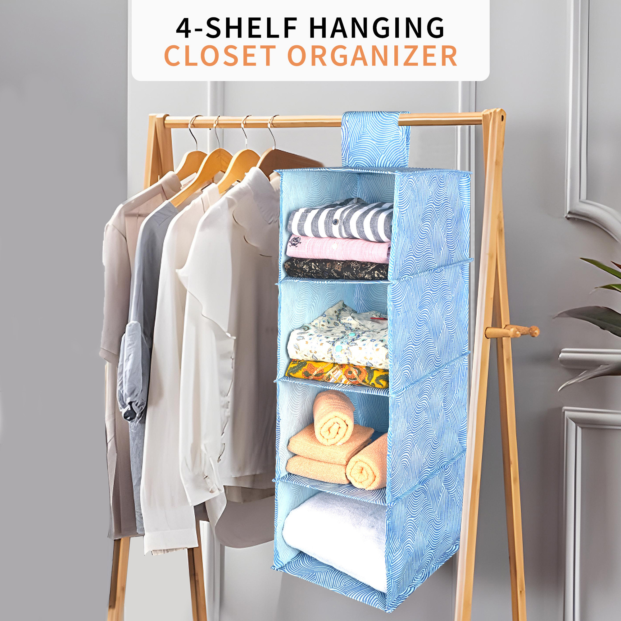 Kuber Industries Non Woven Foldable 4 Shelf Hanging ClothCloset Organizer  Multipurpose WardrobeCupboardAlmirah Hanging Organizer  Perfect for Daily ClothesGarment  Zig Zag - Blue