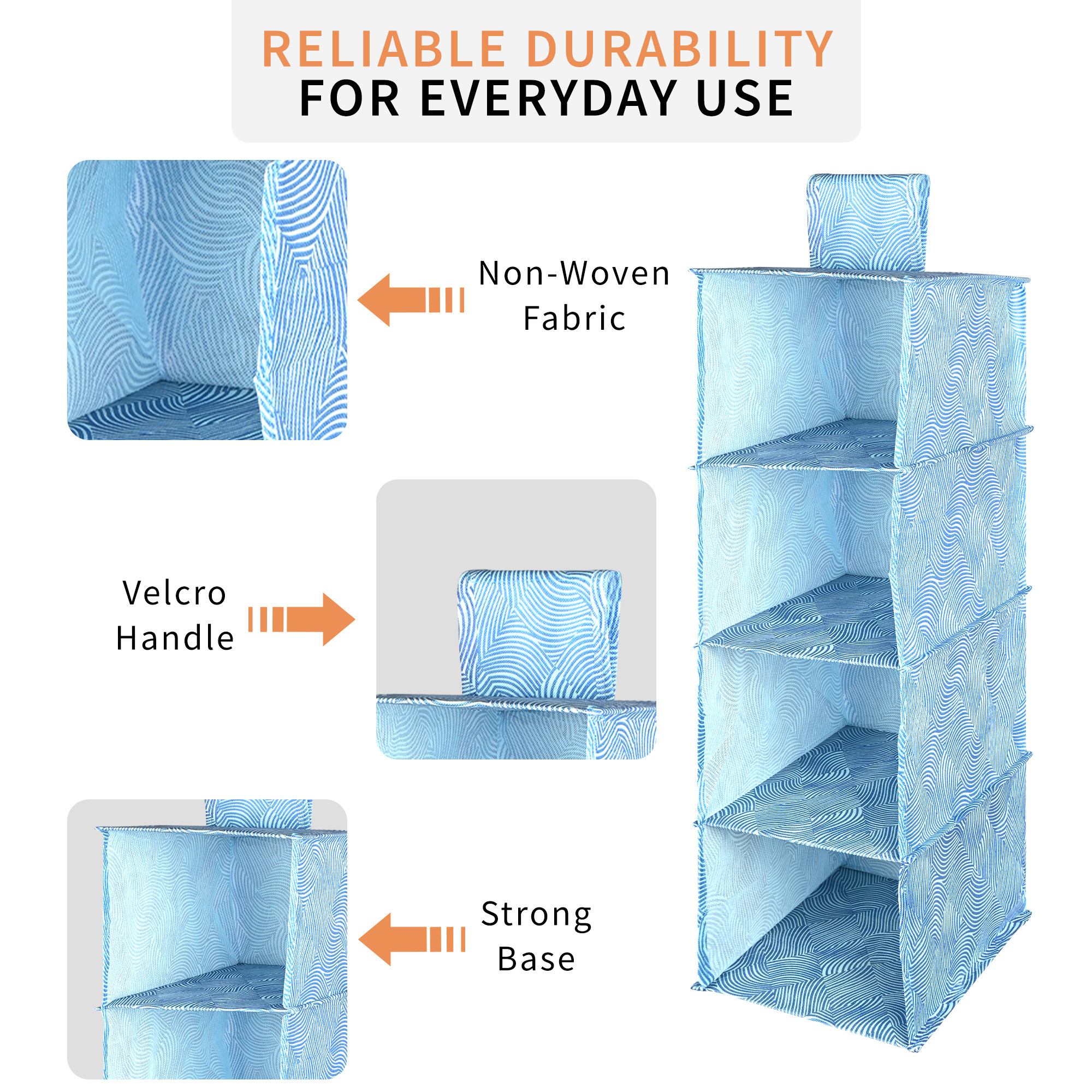 Kuber Industries Non Woven Foldable 4 Shelf Hanging ClothCloset Organizer  Multipurpose WardrobeCupboardAlmirah Hanging Organizer  Perfect for Daily ClothesGarment  Zig Zag - Blue