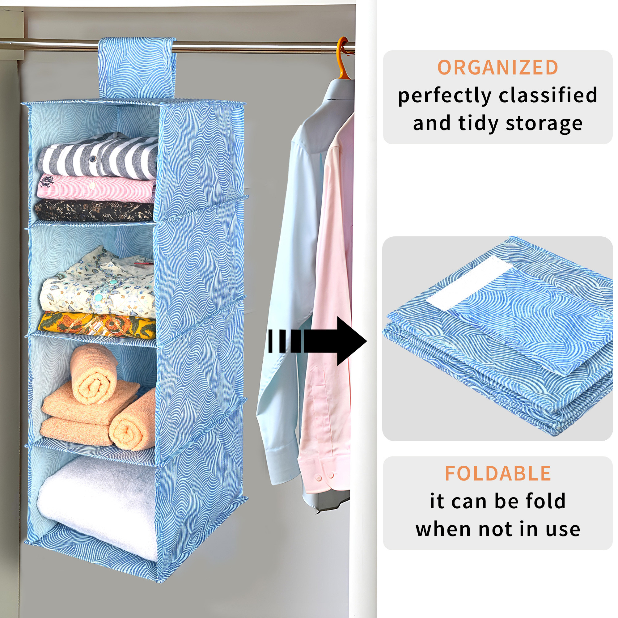 Kuber Industries Non Woven Foldable 4 Shelf Hanging ClothCloset Organizer  Multipurpose WardrobeCupboardAlmirah Hanging Organizer  Perfect for Daily ClothesGarment  Zig Zag - Blue