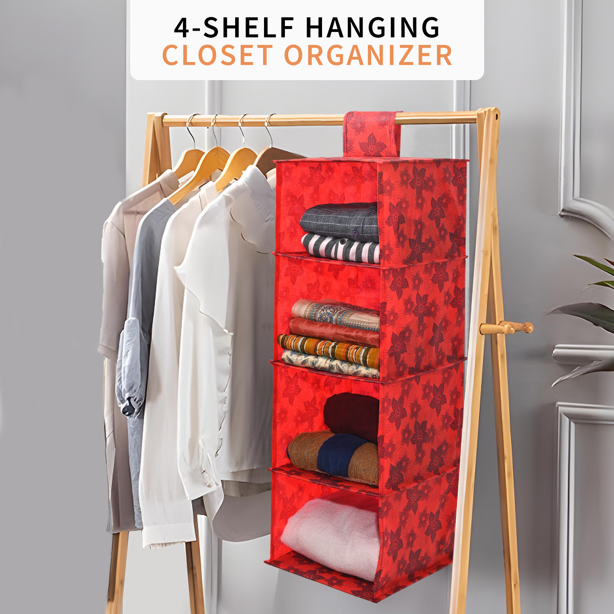 Kuber Industries Non Woven Foldable Multipurpose 4 Shelf Hanging Closet Organizer  WardrobeCupboardAlmirah Hanging Cloth Organizer  Perfect for Daily ClothesGarment  New Flower - Red