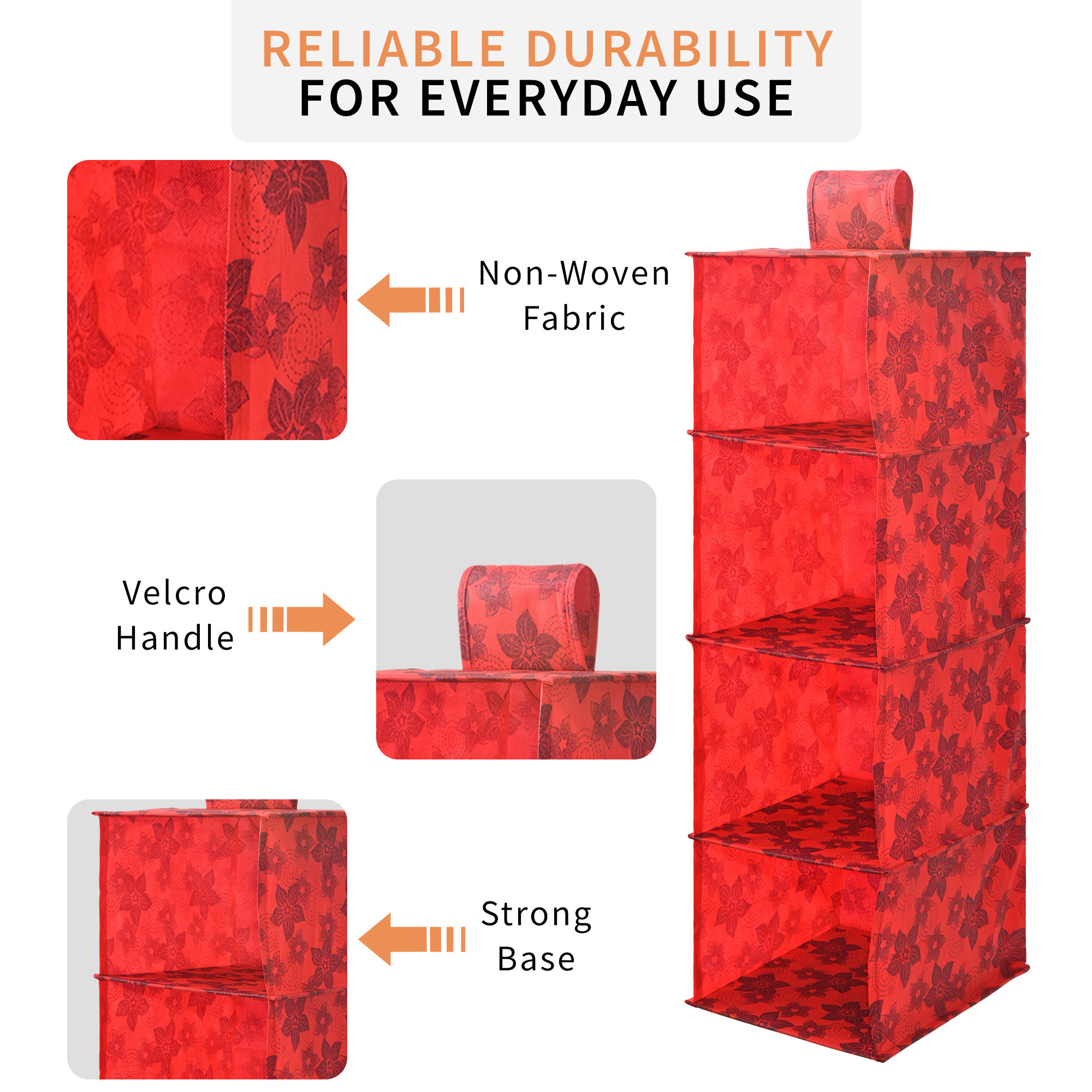 Kuber Industries Non Woven Foldable Multipurpose 4 Shelf Hanging Closet Organizer  WardrobeCupboardAlmirah Hanging Cloth Organizer  Perfect for Daily ClothesGarment  New Flower - Red